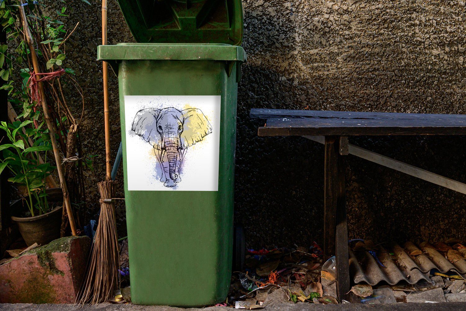 MuchoWow Wandsticker Elefant (1 - Tinte Skizze - Abfalbehälter Mülleimer-aufkleber, Sticker, Container, St), Mülltonne