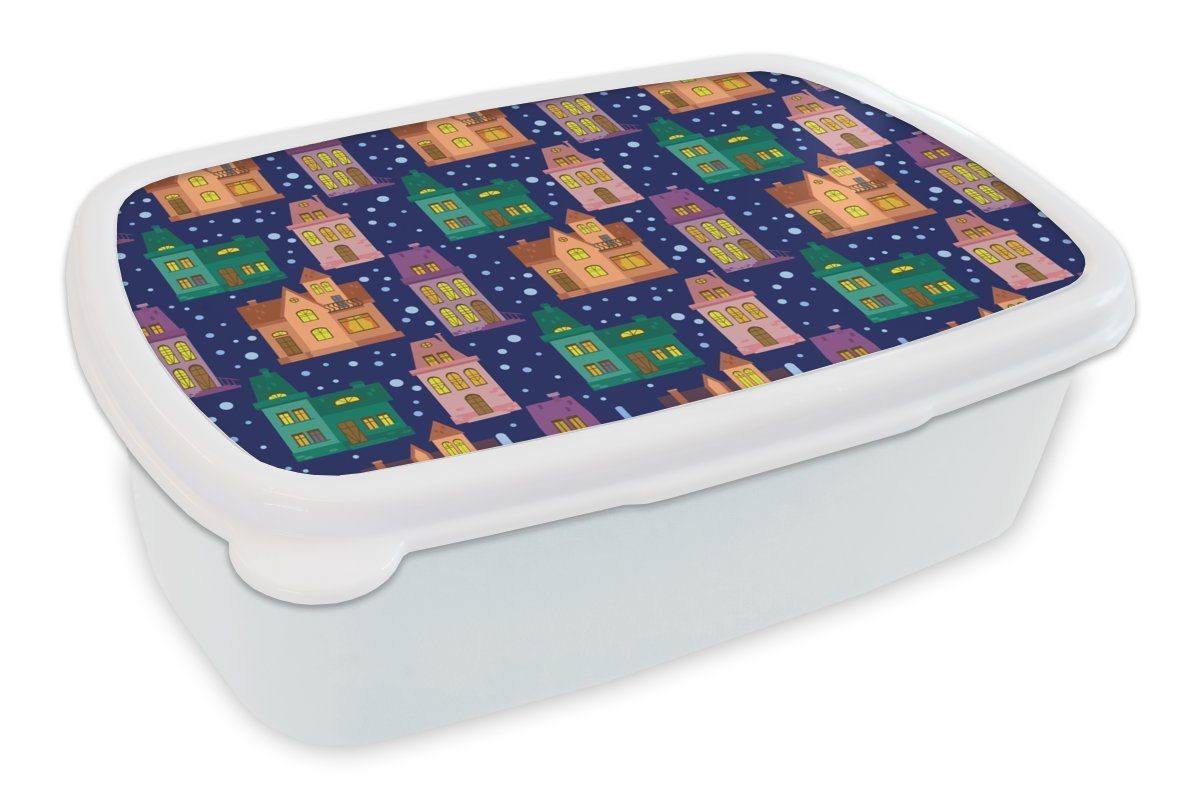 MuchoWow Lunchbox Winter - Muster - Haus, Kunststoff, (2-tlg), Brotbox für Kinder und Erwachsene, Brotdose, für Jungs und Mädchen weiß