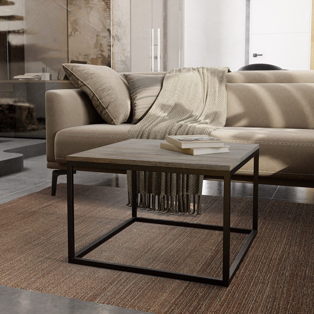 Liadomo Couchtisch Granada, Wohnzimmertisch, Sofatisch, Massivholztisch, Akazie Natur oder steingrau, Metallgestell, quadratisch, vormontiert