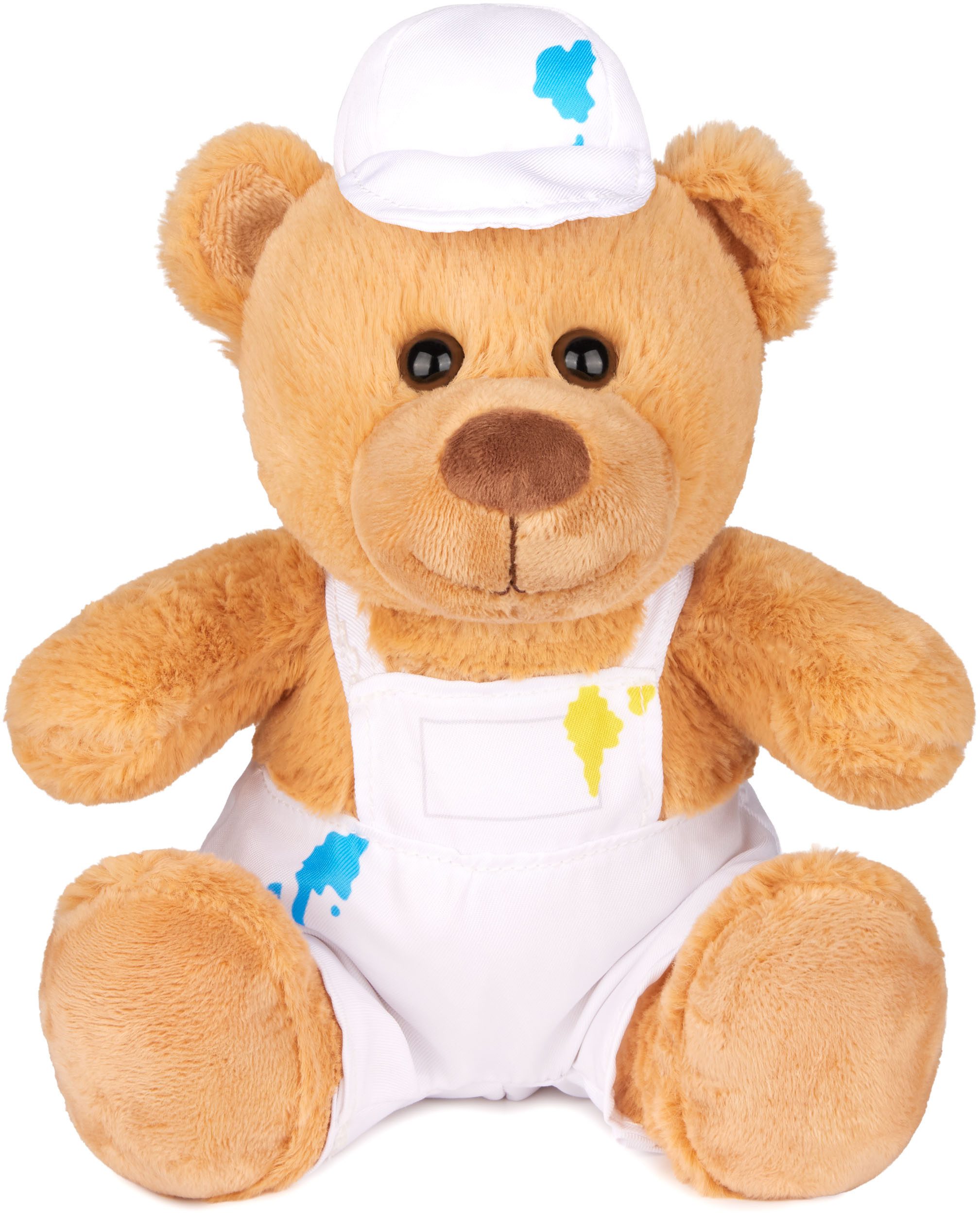 BRUBAKER Kuscheltier Teddybär Maler mit Latzhose und Mütze - 25 cm (Klecksteddy, 1-St., Malerbär Stofftier Plüschteddy), Plüschbär mit Malerhut und Farbflecken