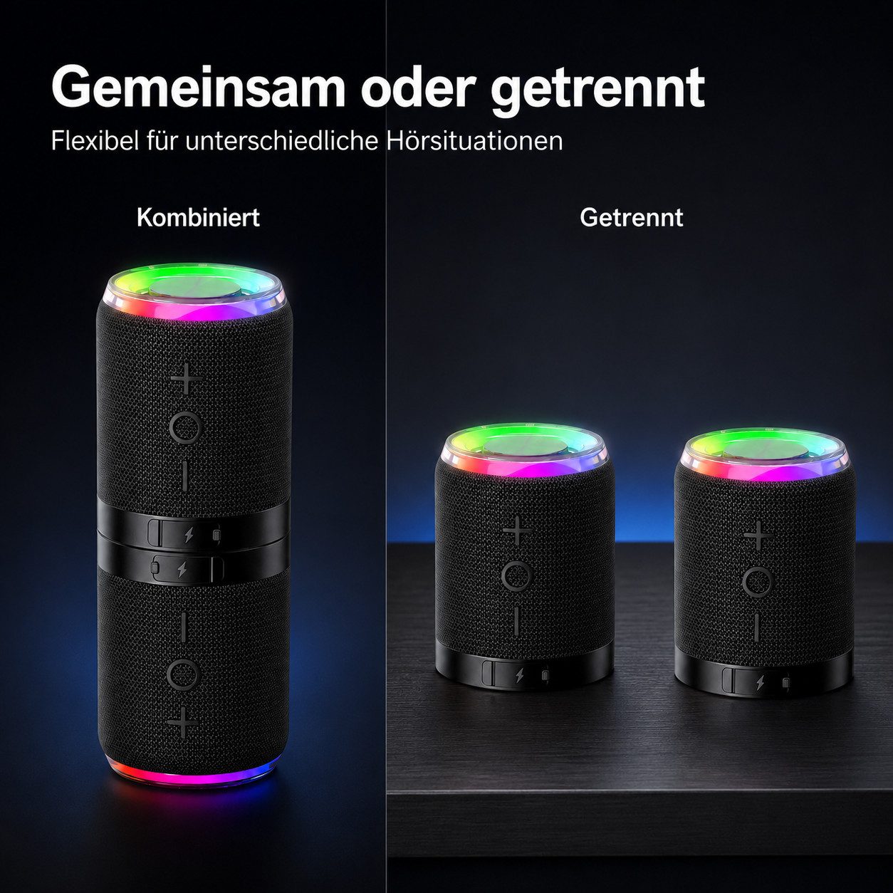 Fyrove 2-in-1 Magnetisch mit Lichteffekten Stereo 360° Surround-Sound Bluetooth-Lautsprecher 2 (Bluetooth 5.4, IPX6 Wasserdicht Magnetisch haftend Trennbar in z – Bild 4 von 5