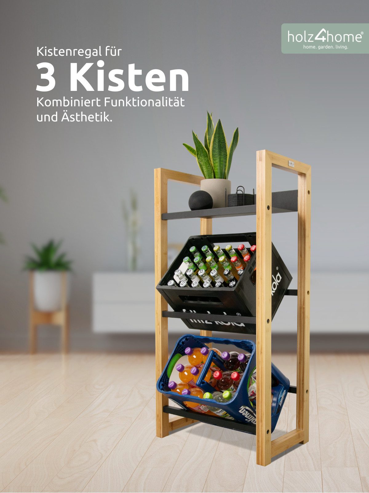 holz4home® Kastenständer Getränkekistenregal aus Bambus I Kistenregal Metallstreben Schwarz, inkl. Metallablage
