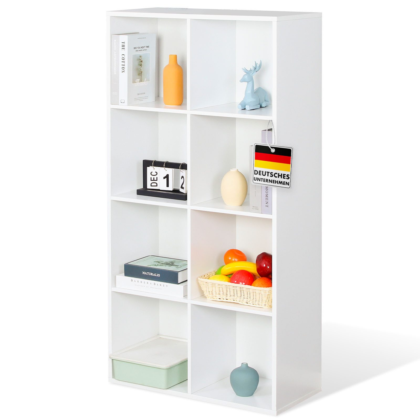 Floordirekt Bücherregal Arkansas, weißes Standregal mit Kippschutz & Rückwand, offene Front, 8 Fächer 1-tlg., 65,5x30x129,5cm, schneller Aufbau, schlichtes Design aus Holzwerkstoff