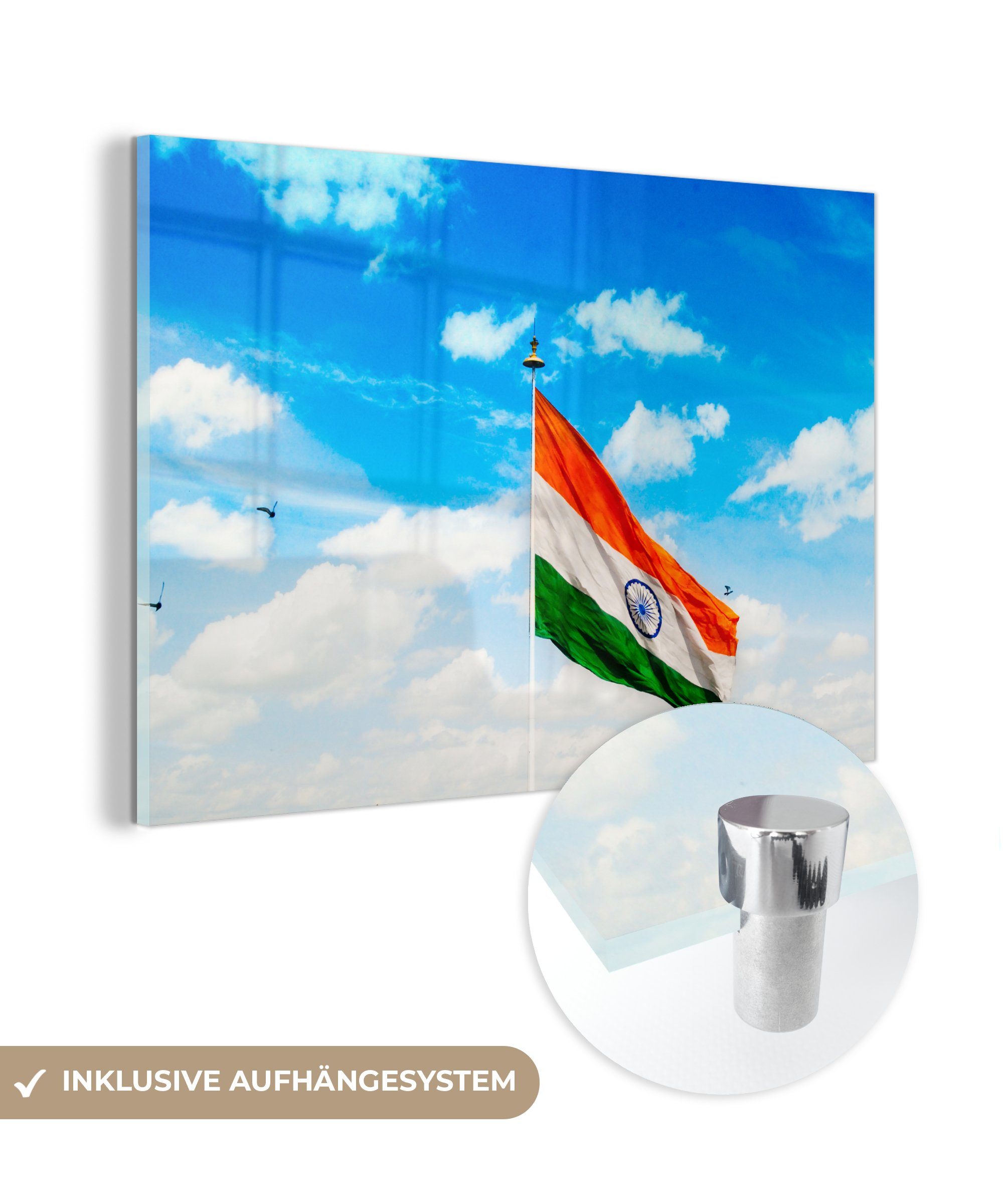 MuchoWow Acrylglasbild Indische Flagge vor blauem Himmel, (1 St), Acrylglasbilder Wohnzimmer & Schlafzimmer