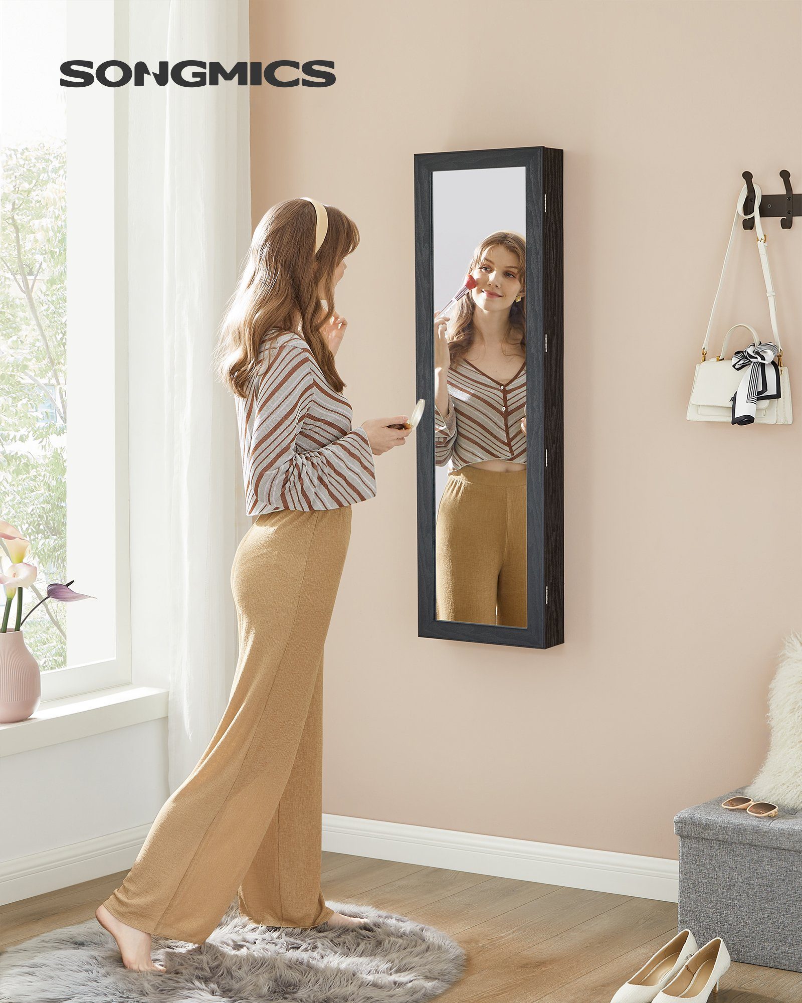 SONGMICS Schmuckschrank Spiegelschrank Wandspiegel Schmuck-Organizer mit LE günstig online kaufen