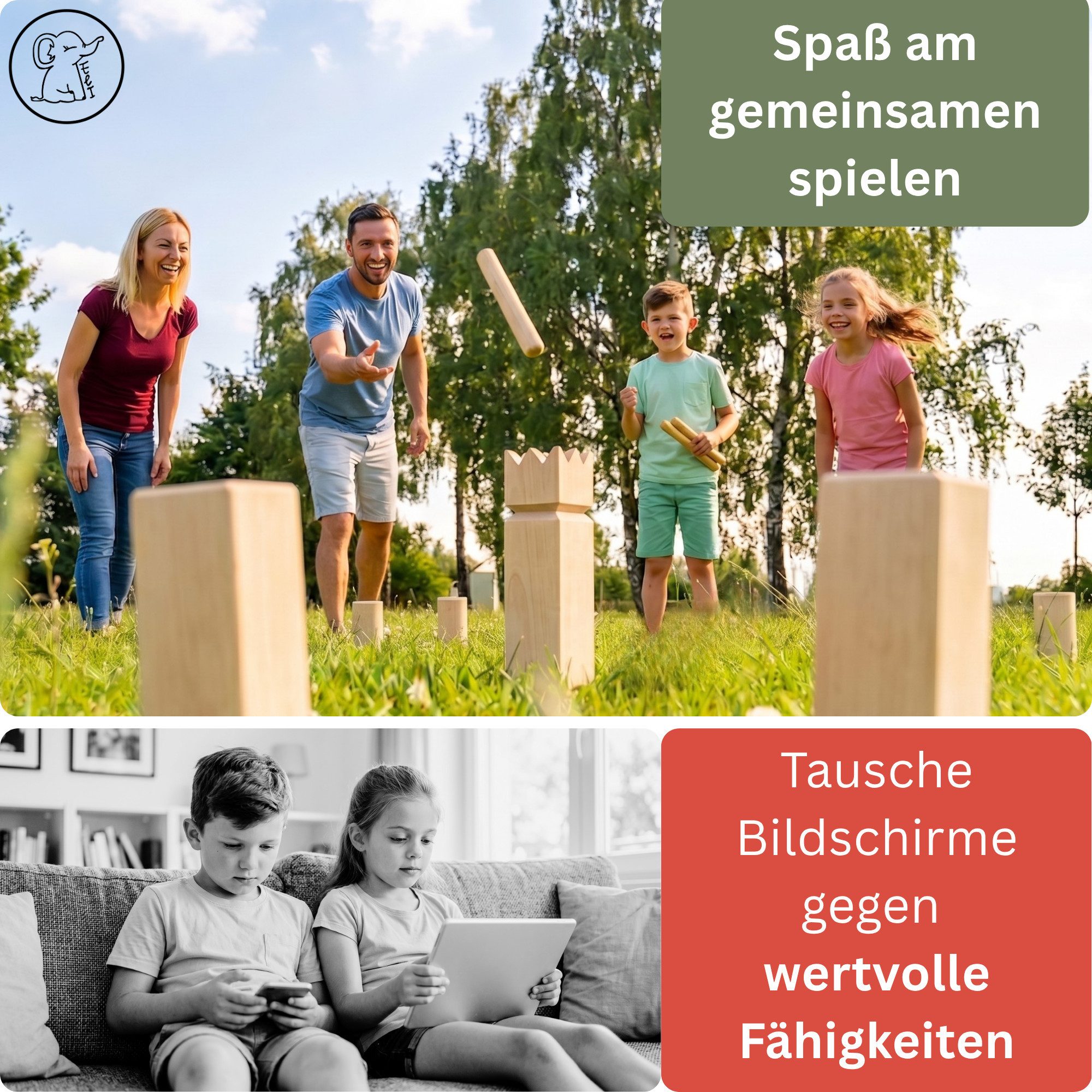 Eli Spielzeug-Gartenset Wikinger Schach aus Holz Outdoor - Kubb, (aus massivem Kiefernholz mit Tragetasche, Rasenschach für 2–12 Spieler), Outdoor Spiel für Kinder & Erwachsene