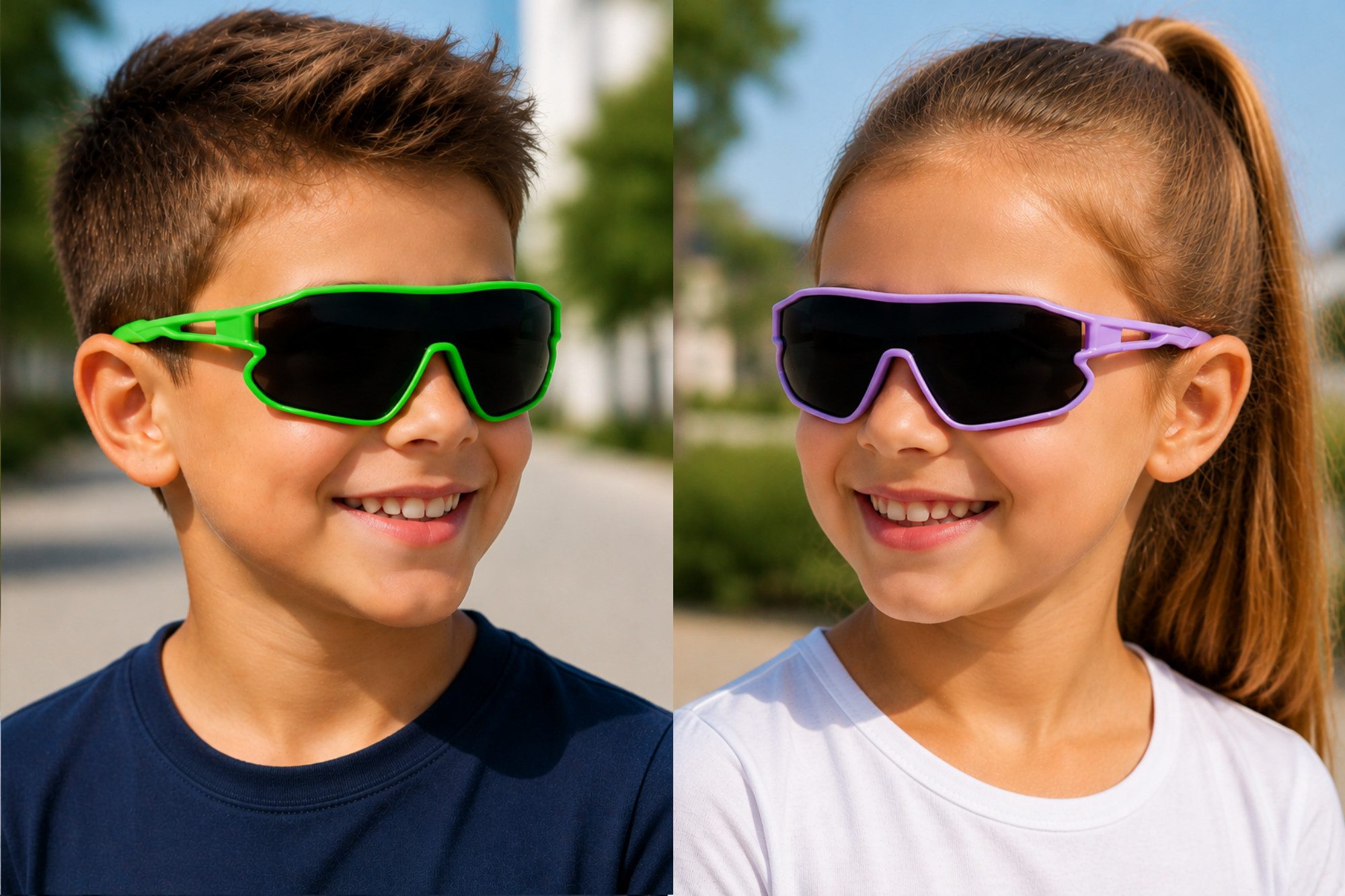 Vaccari-design Sonnenbrille Kinder Radbrille 7 bis 13 Jahre Jungen Mädchen Sportbrille UV400 Markenbrille Grün oder Lila mit Brillenbeutel