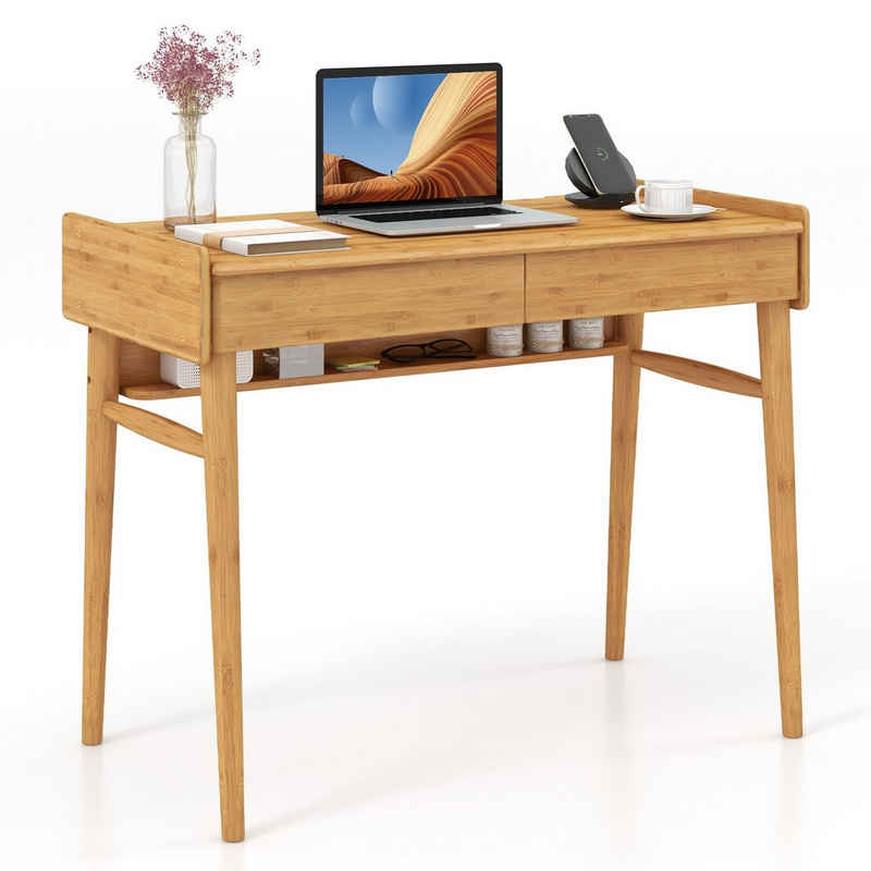 COSTWAY Schreibtisch, mit 2 Schubladen & Regal, Natur, aus Bambus 100x50x78cm