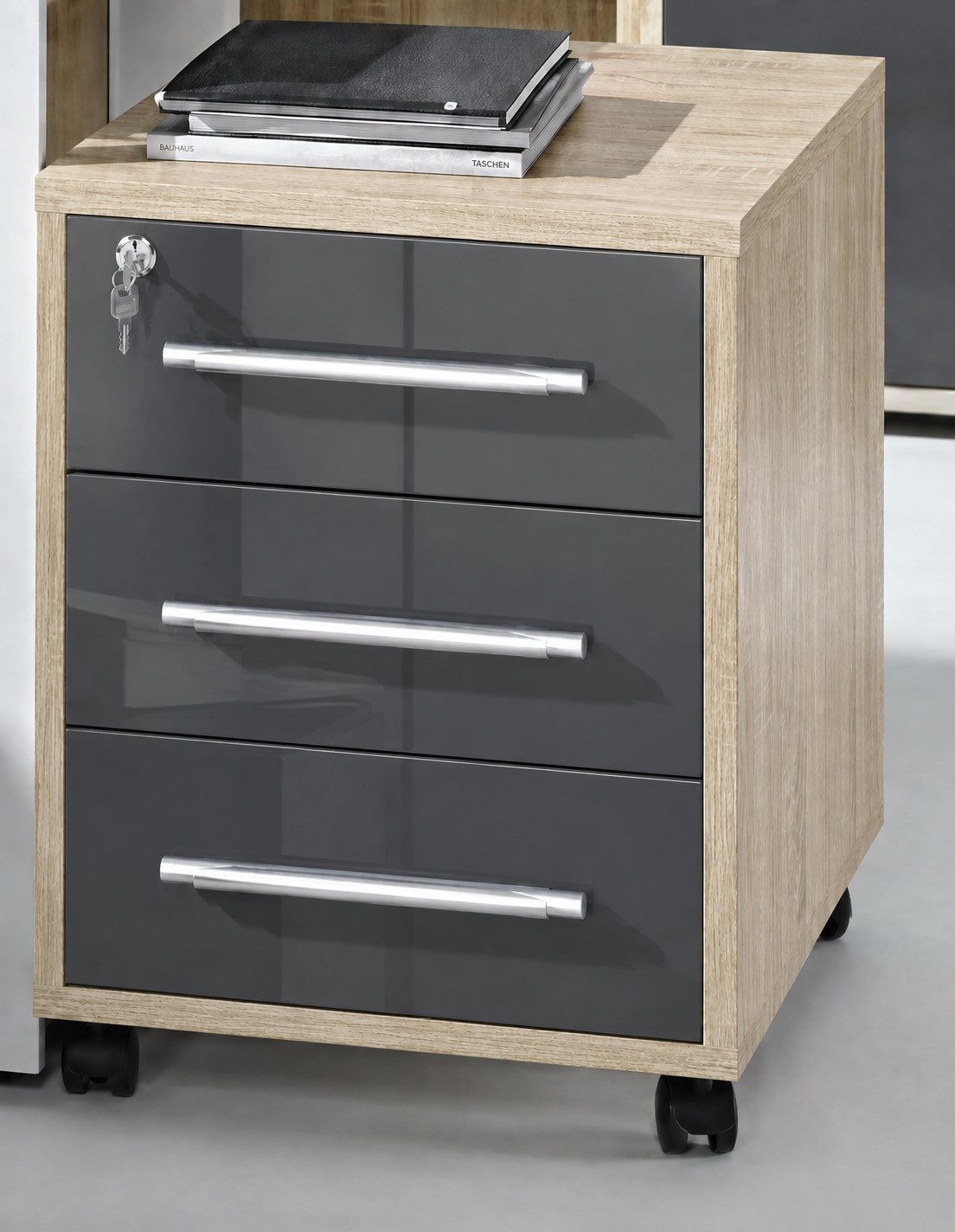Maja Möbel Rollcontainer 1716 3-Schub, Sonoma-Eiche, Fronten dunkelgrau - hochglanz