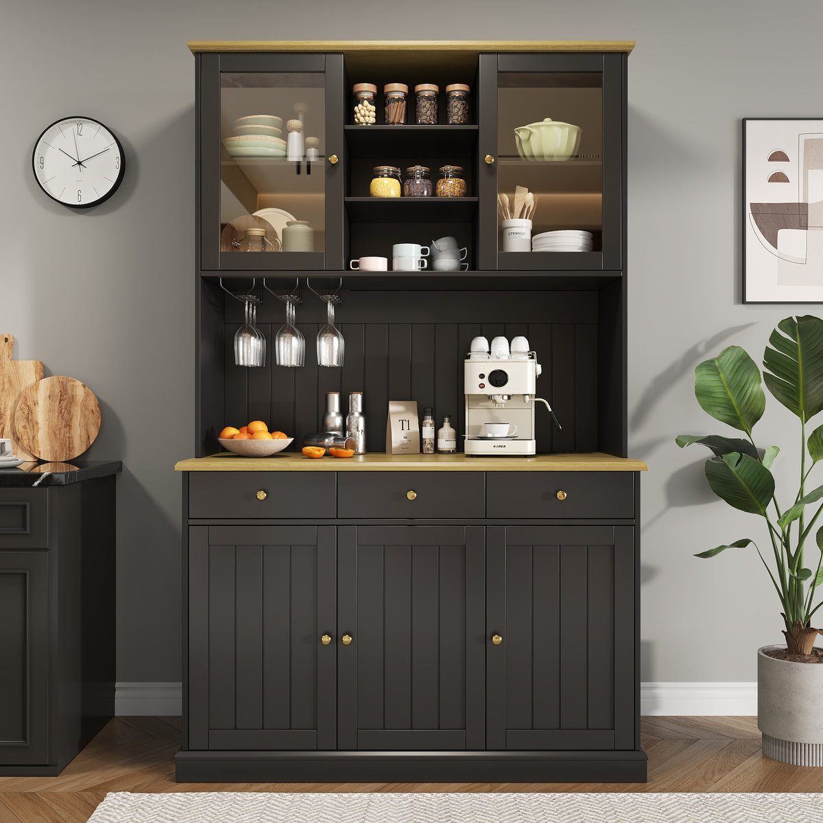 Odikalo Küchenbuffet Küchenschrank Buffetschrank mit USB, Glastüren, Gläserhalter (Buffetschränke, Esszimmer-Hochschrank 120×40×191 cm, mit mehrstufigem Stauraum, integrierter Steckdose sowie USB-C- und USB-A-Anschlüssen)