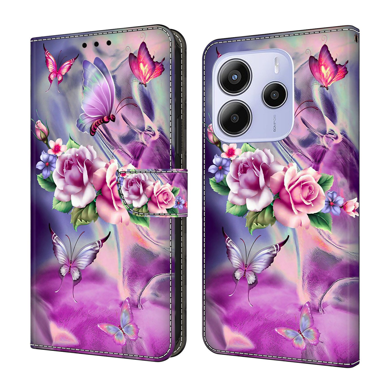 CLM-Tech Handytasche für Xiaomi Redmi Note 14 5G Hülle aus PU-Leder Klapphülle (lila Blumen Schmetterlinge, Handyhülle mit Standfunktion - Wallet Flip Case inklusive Kartenfächer), Cover mit Magnetverschluss Xiaomi Redmi Note 14 5G Schutzhülle
