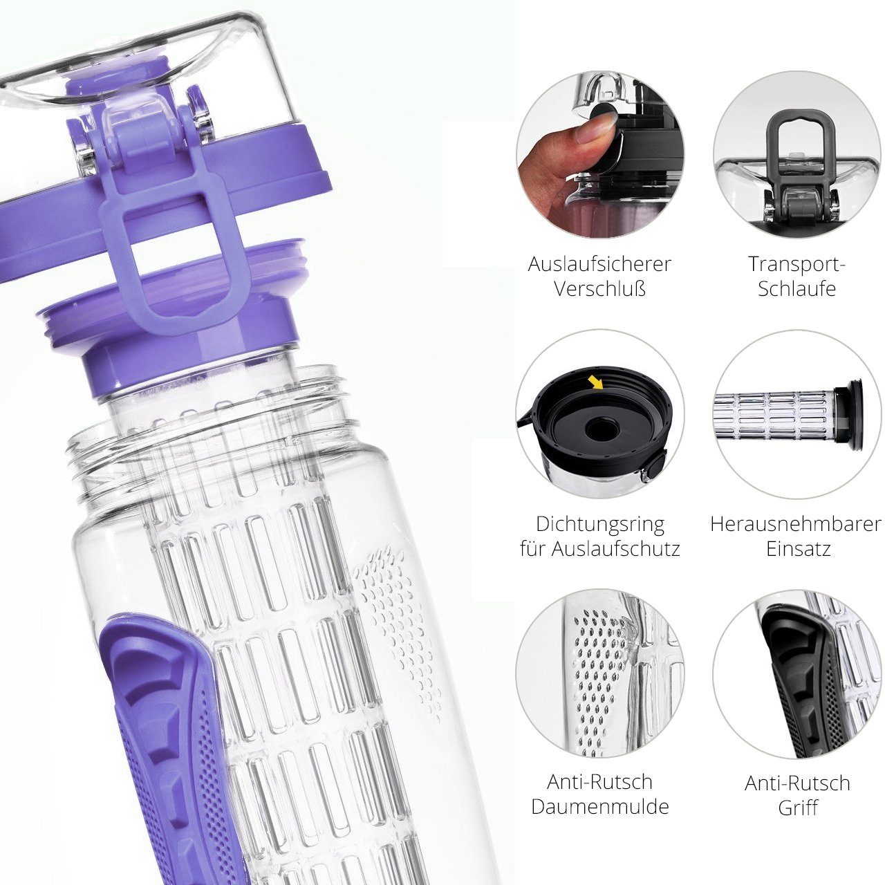 LA VAGUE Trinkflasche VITALITY Trinkflasche mit Einsatz, Trinkflasche mit Früchtesieb für perfekt aromatisierte Getränke
