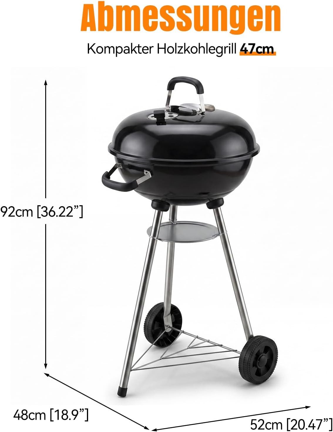 AOXUN Holzkohlegrill Kugelgrill mit Thermometer Schwarz, 47 cm