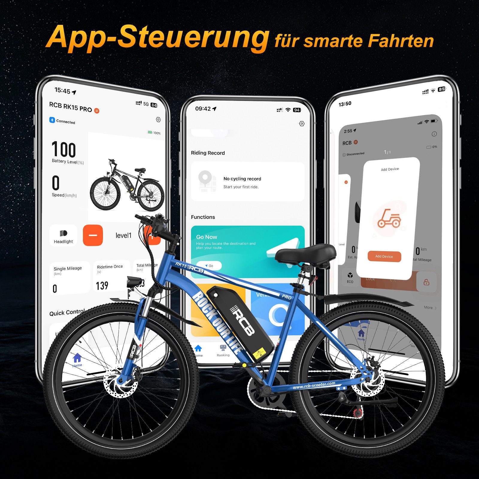 RCB E-Bike Pedelec RK15 PRO 29×2,125 Zoll, Reichweite 50-90KM, APP, 36V/15,6Ah, 7 Gang, Kettenschaltung, 250W Heckmotor, 561,6 Wh