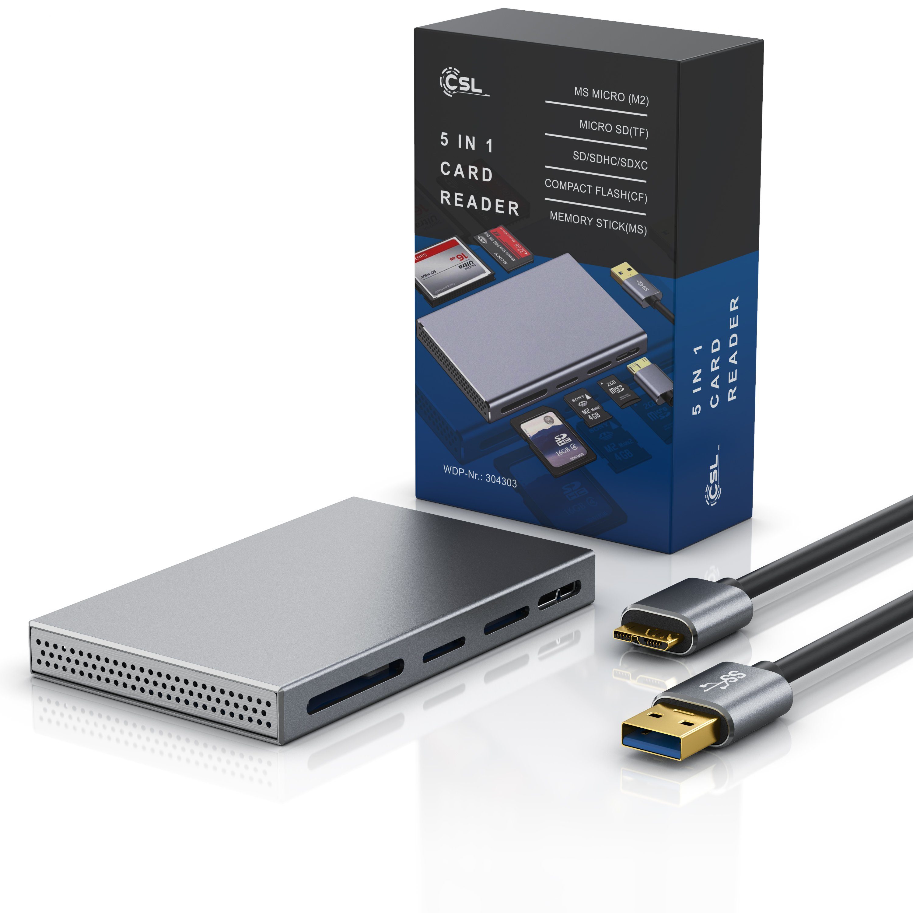 CSL Kartenlesegerät inkl. USB Kabel 5 in 1 Kartenleser mit USB 3.0 USB-Adapter USB-A, 45 cm, für SD, microSD und weitere Speicherkarten, Plug and Play – Bild 3 von 5