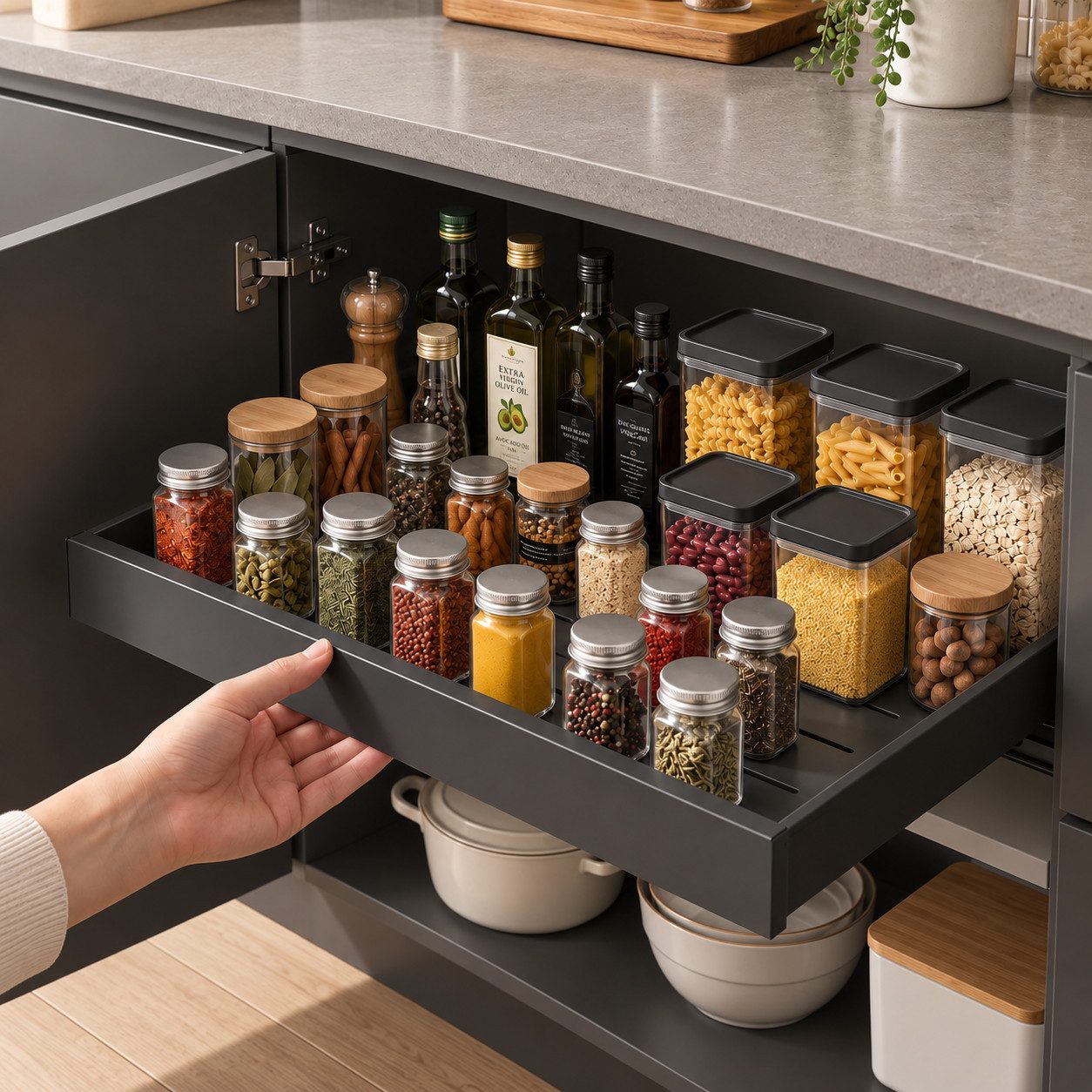 VIVREAL Küchenorganizer-Set Teleskopschublade küche, Besteckkasten für schubladen, ohne Bohren, (1-tlg), Flexibel 42–68 cm, bis 15 kg belastbar, für Küche Speisekammer