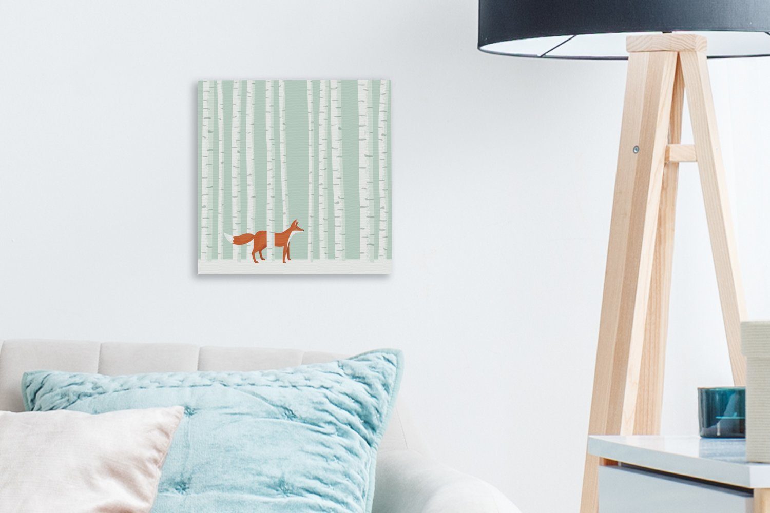 OneMillionCanvasses® Leinwandbild Eine Illustration eines Bilder Wohnzimmer (1 der Schlafzimmer Birken spazieren, Leinwand St), für zwischen den Fuchses