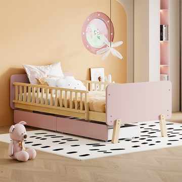 Fangqi Kinderbett Kinderbett, Massivholz Einzelbett mit 2 Schubladen, Rosa/Weiß (Fallschutzschienen auf beiden Seiten des Bettes), Ohne Matratze