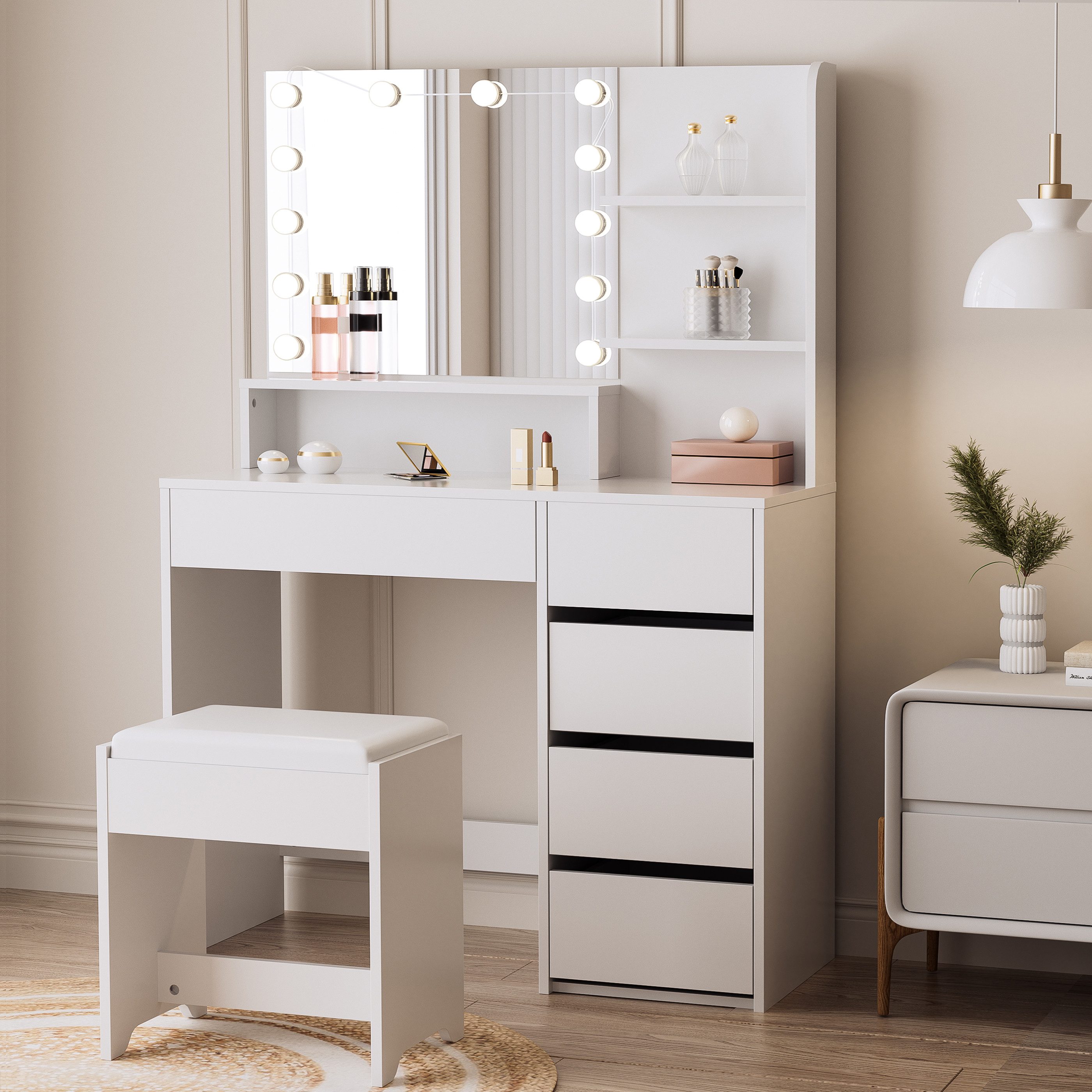 Schminktisch Kosmetiktisch mit Spiegel und Hocker, 5 Schubladen und Kabinett offene