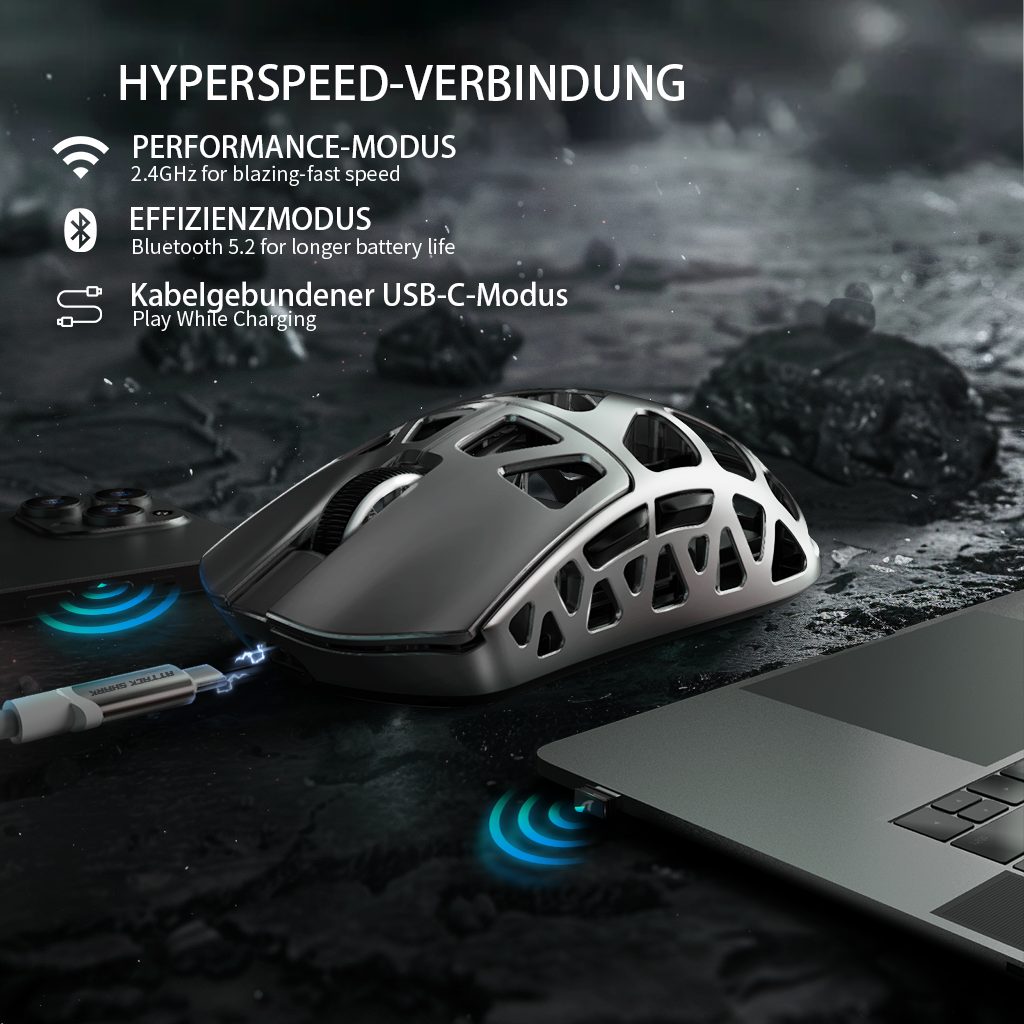 ATTACK SHARK R3 Kabellose Gaming-Maus aus Magnesiumlegierung, 8kHz, 48g Gaming-Maus (2.4G, Bluetooth, USB-C, 26000 dpi, PAW3395-Sensor,46g,8000hz,Magnesiumlegie – Bild 4 von 5