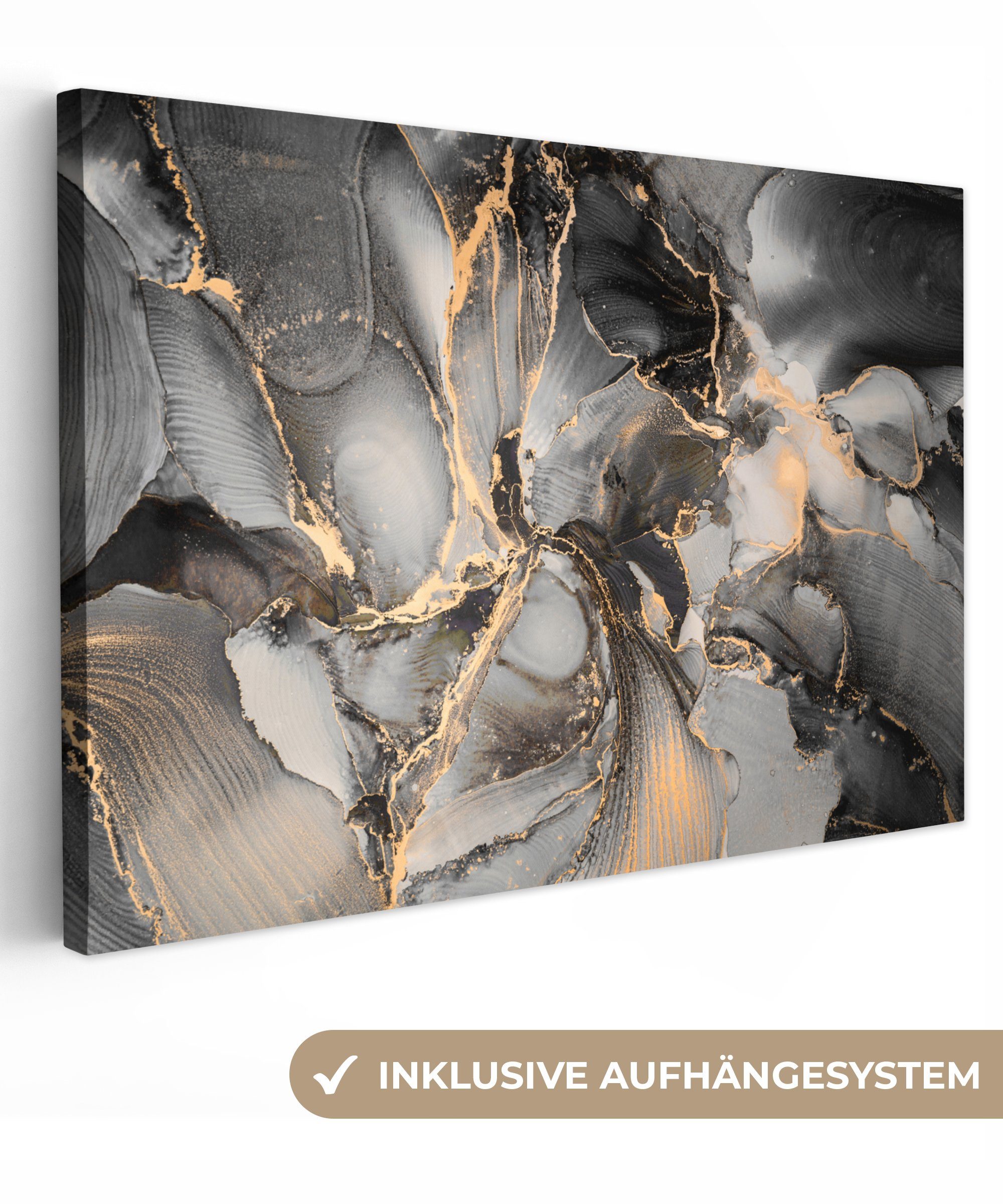 OneMillionCanvasses® Leinwandbild Grau - Luxus - Gold - Marmor, (1 St), Wandbild für alle Wohnbereiche, Gemälde, XXL, großes, 120x80 cm