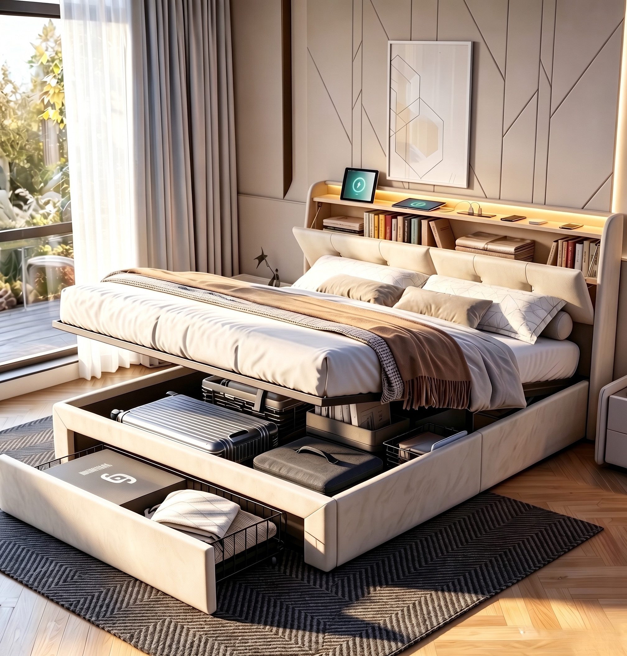 Furnishings Home Polsterbett 180 x 200 Doppelbett LED Hydraulisch anhebbarer Stauraumbett (Mit Lattenrost, Samt material Polsterbett), Modernes Jugendbett, Leises Design Bett, Max. Belastbarkeit 350 kg