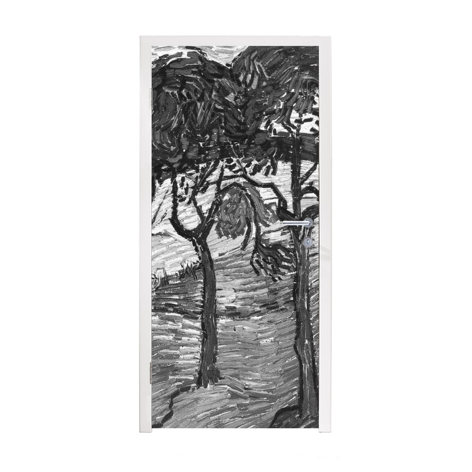 MuchoWow Türtapete Landschaft mit Figuren - Vincent van Gogh - Schwarz - Weiß, Matt, bedruckt, (1 St), Fototapete für Tür, Türaufkleber, 75x205 cm