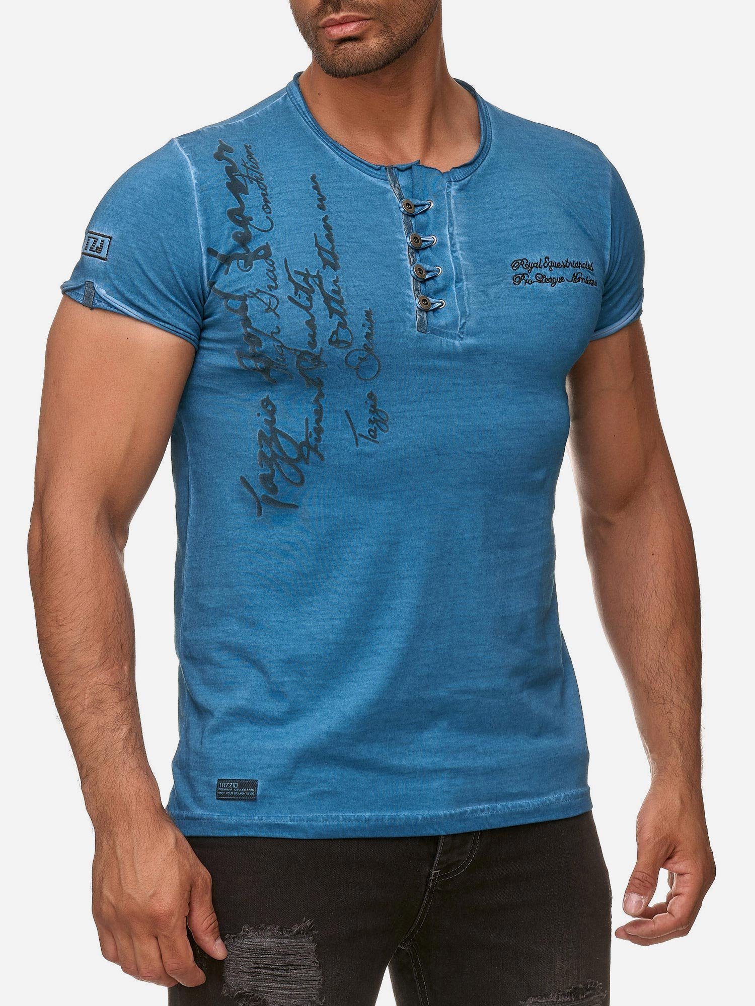 T-Shirt mit offenem und Tazzio 4050-1 in Ölwaschung Look petrol Rundhalsshirt Kragen Used dezentem