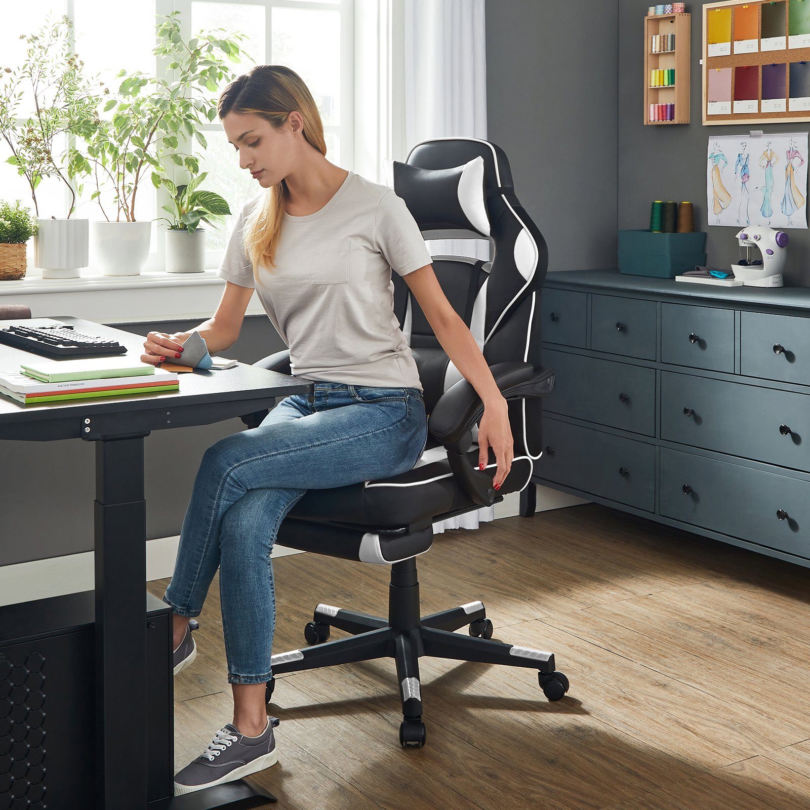 ergonomischer weiß Home-Office Bürostuhl, Gaming-Stuhl, SONGMICS