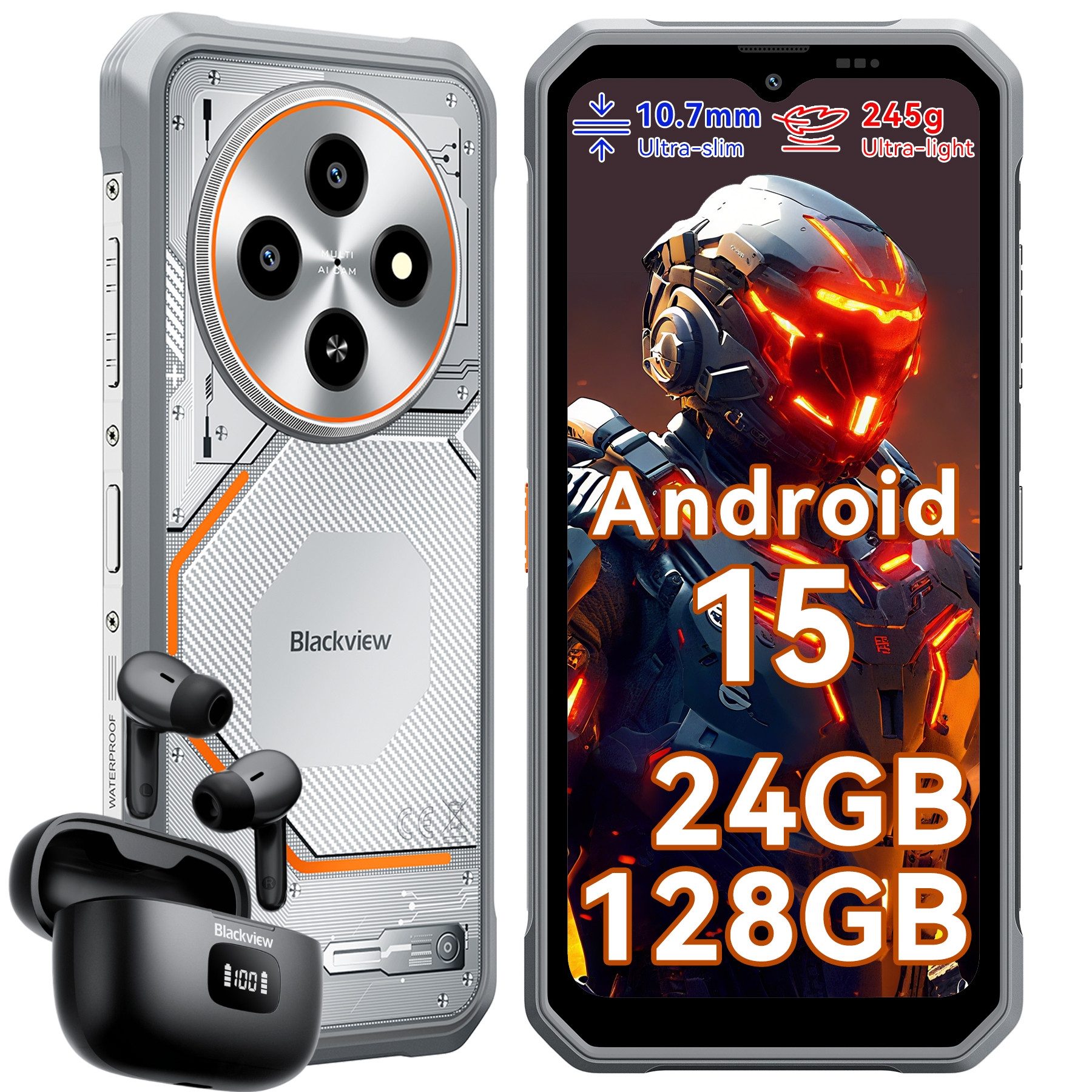 blackview FORT 2 Ultradünnes Android 15 incl. Airbuds 8 Outdoor Smartphone (6.56 Zoll, 128 GB Speicherplatz, DokeOS 5.0, Android 15, 24GB, 16MP, 5W OTG)
