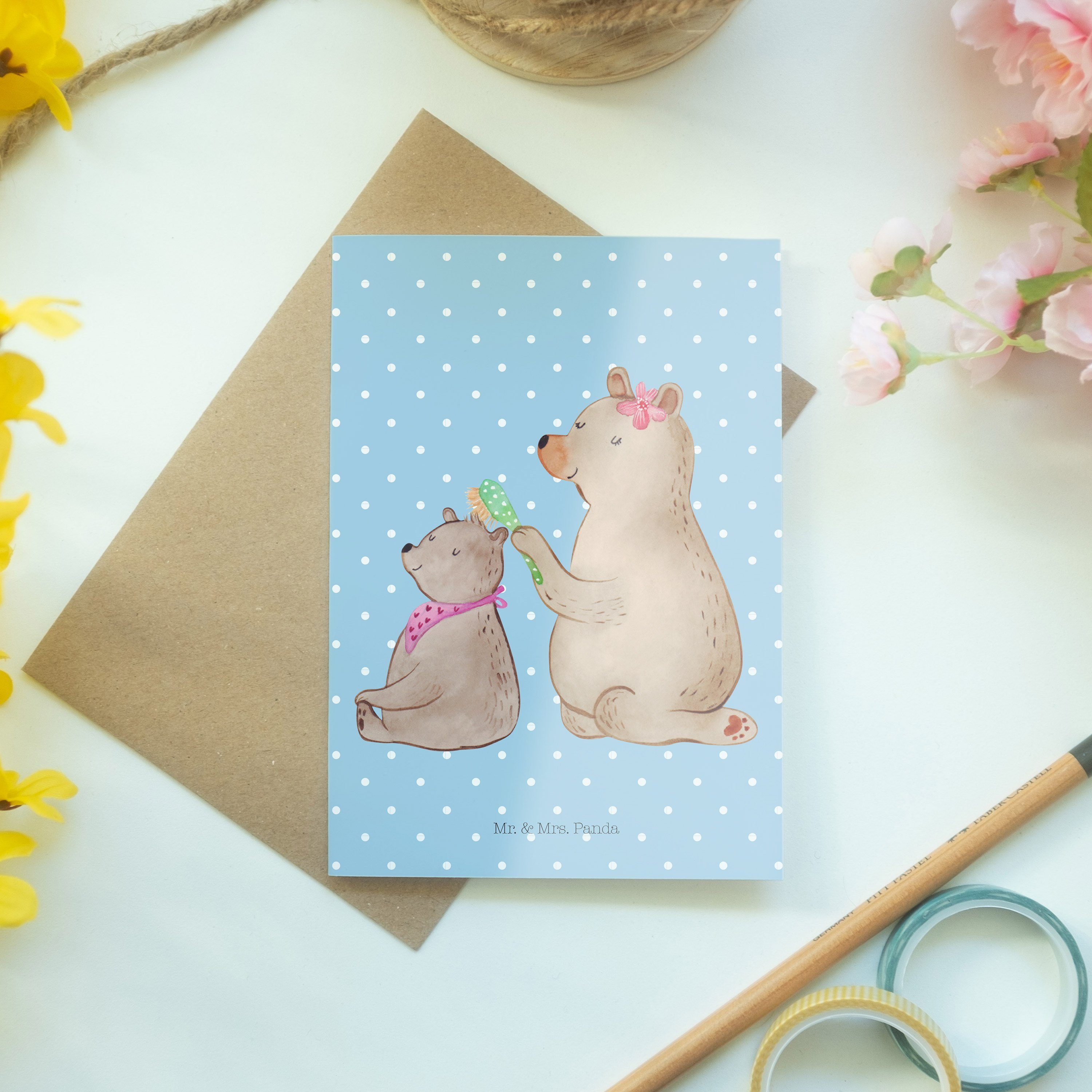 Mr. & Pastell mit - Blau Karte Bär Grußkarte Mama, Glückwunschkarte, Mrs. - Geschenk, Kind Panda