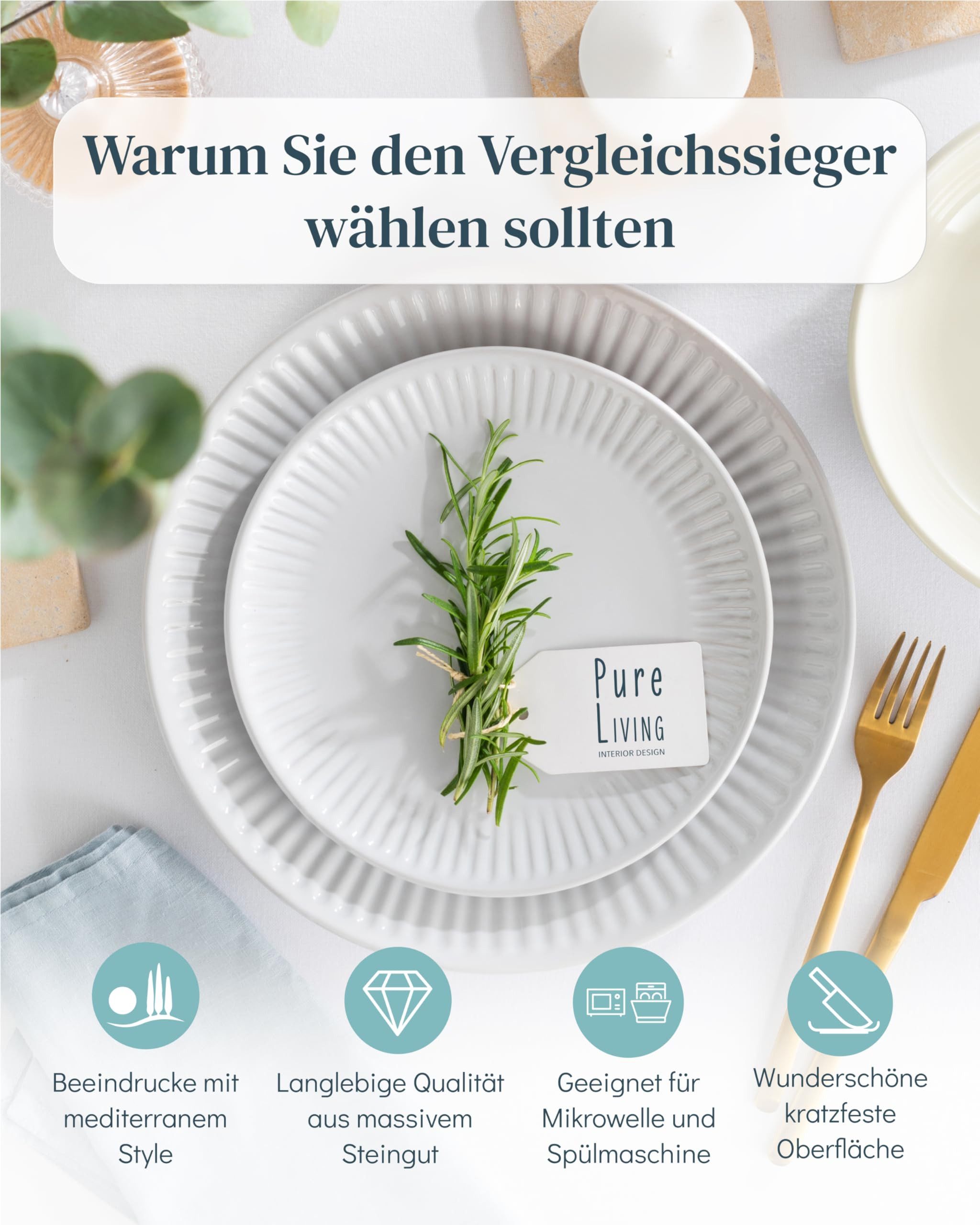 PURE LIVING INTERIOR DESIGN Geschirr-Set 6 Pers. - Hochwertiges Skandinavisches Steingut Geschirrset (24-tlg), 6 Personen, Steingut, Geschirr Set - Schüssel- und Teller Set - Tafelservice
