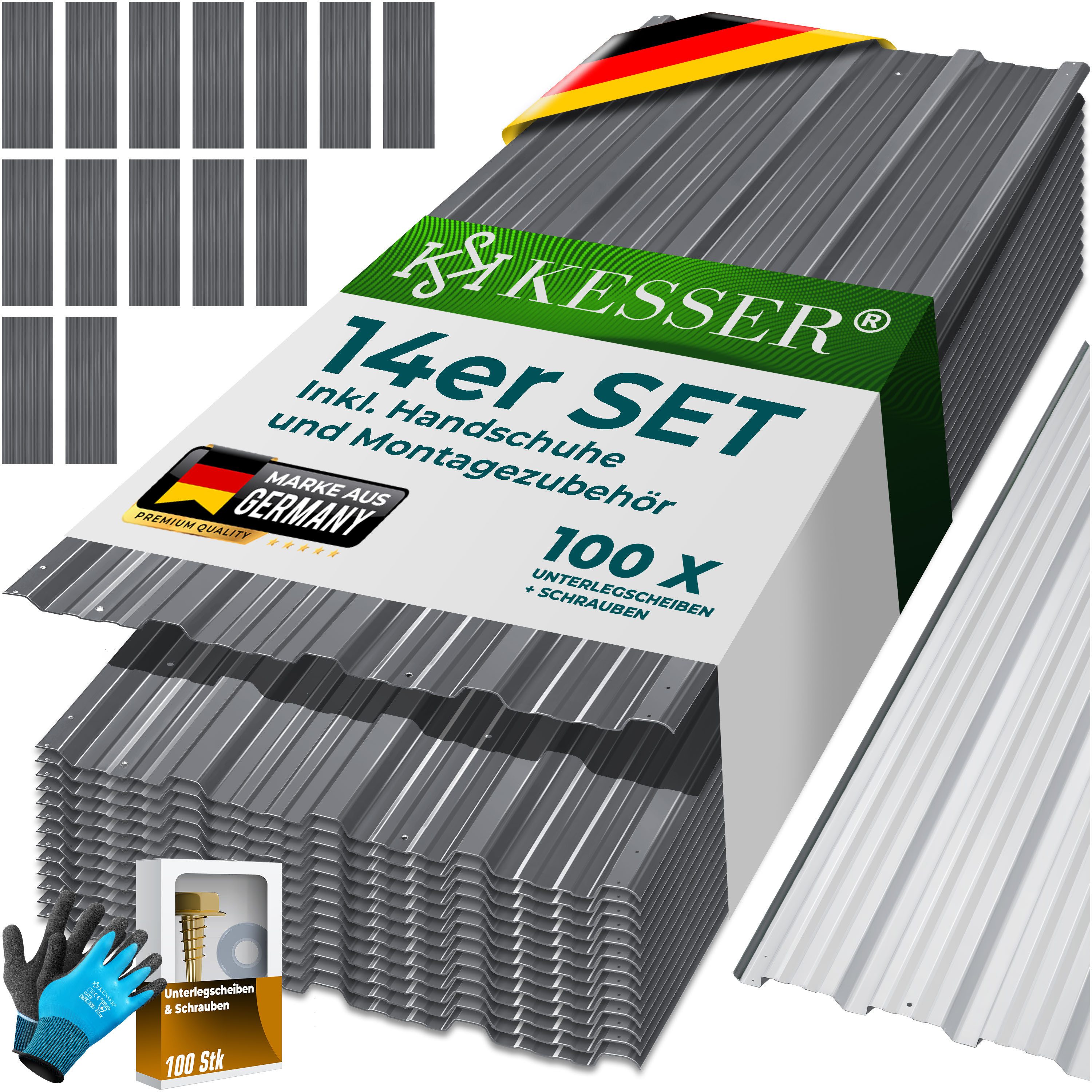 KESSER Trapezblech 14x Profilblech 110cm x 46cm = 7 m², Metall, (14er Set Dachbleche für Gerätehaus inklusive Montagehandschuhe) Dachplatten aus verzinktem Stahl 0,25mm