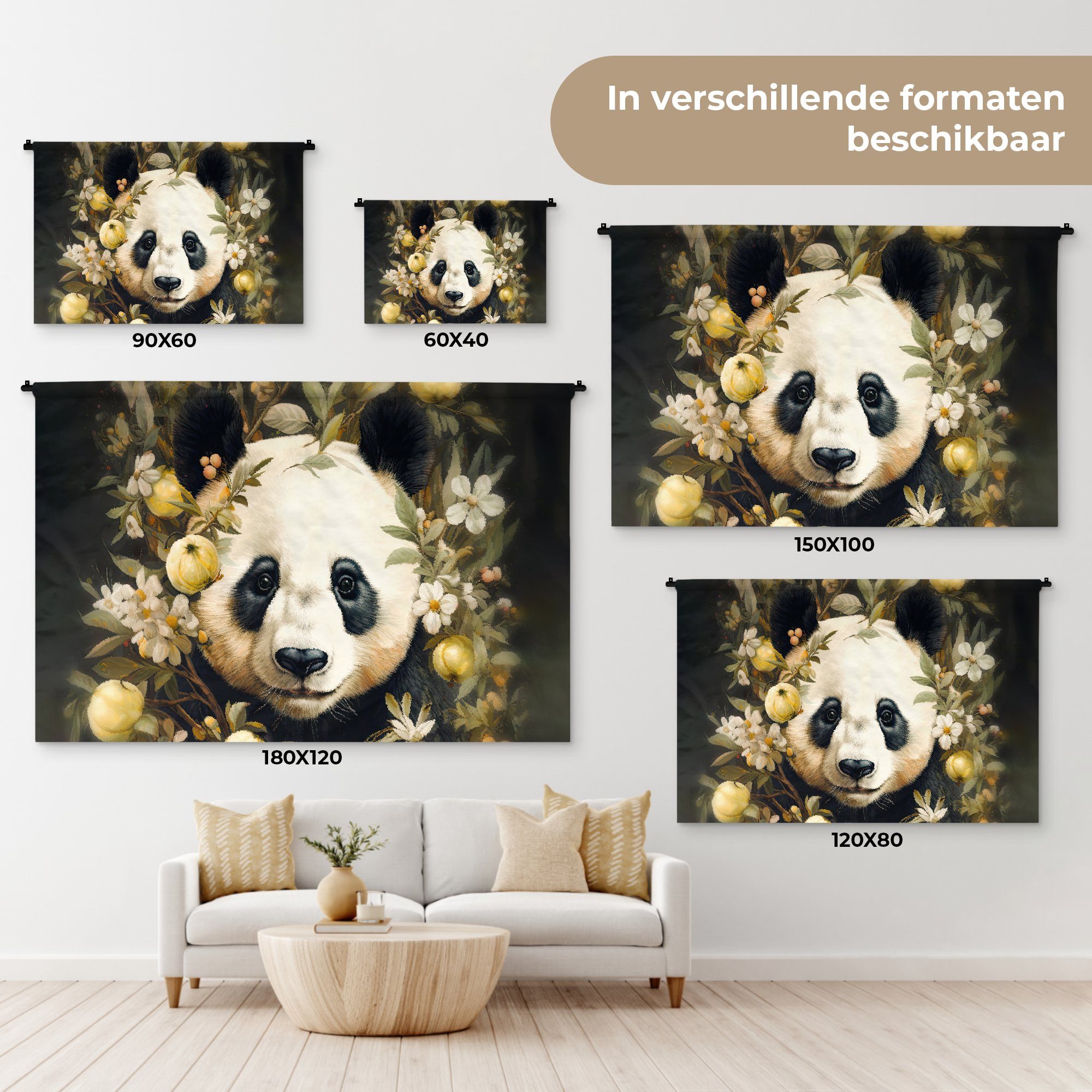 Blumen, Wohnzimmer, Wanddekoobjekt MuchoWow - Kinderzimmer Kleid, Pandabär Wildtiere Schlafzimmer, für - - Wandbehang, Wanddeko Panda