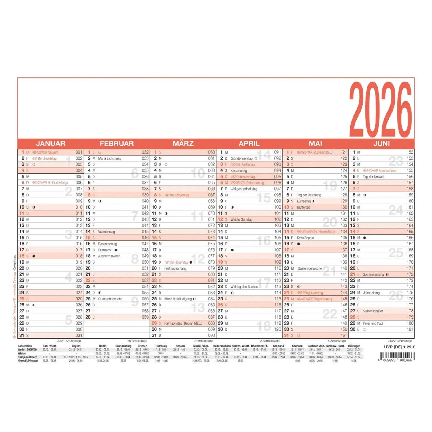 ZETTLER Wandkalender Zettler Arbeitstagekalender A4 2026 - Bürokalender groß 30 × 21 cm,...
