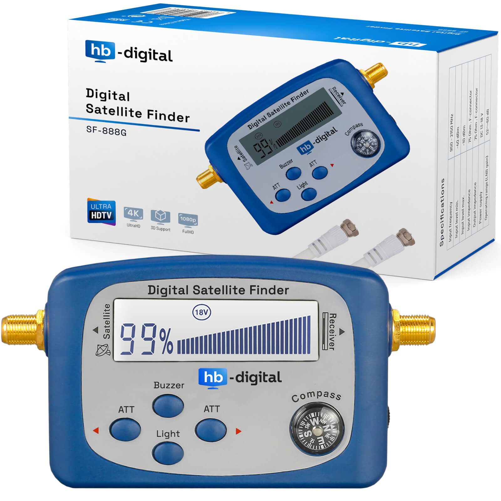 HB-DIGITAL Satfinder Digital SF-888G Display Kompass Ton blau, Einfach per Anschlusskabel zwischen LNB und Receiver geschaltet.
