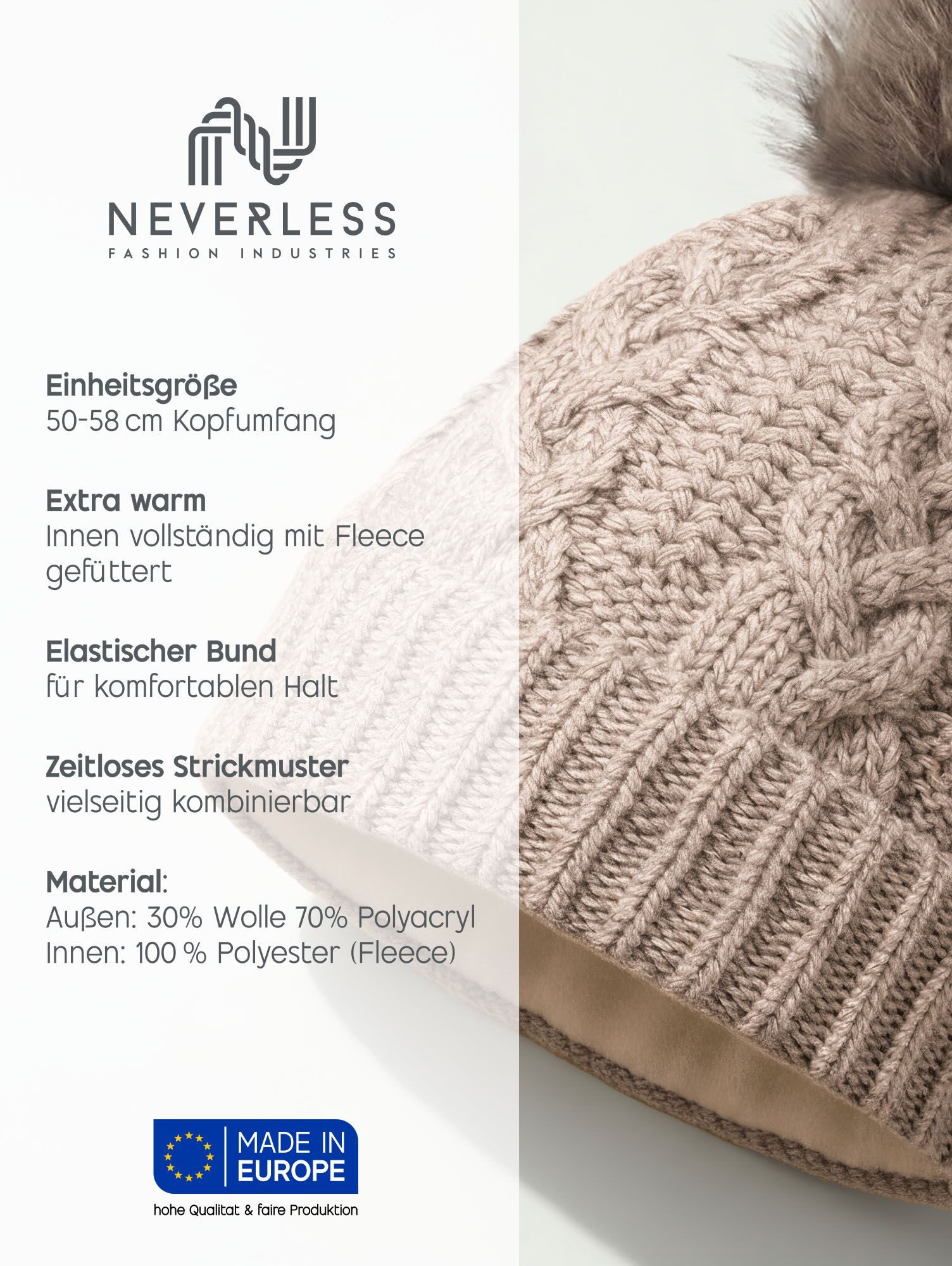 Neverless Strickmütze Damen Strickmütze Zopfstrickmuster Bommelmütze gefüttert mit Fleece
