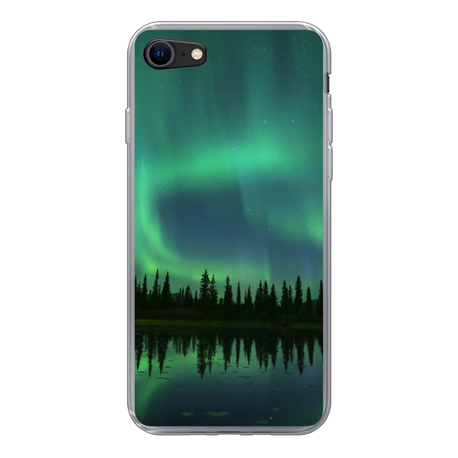 MuchoWow Handyhülle für Apple iPhone 8 Nordlicht - Bäume - Wasser - Alaska, Smartphone-Bumper, Print, Handy Schutzhülle Dünn