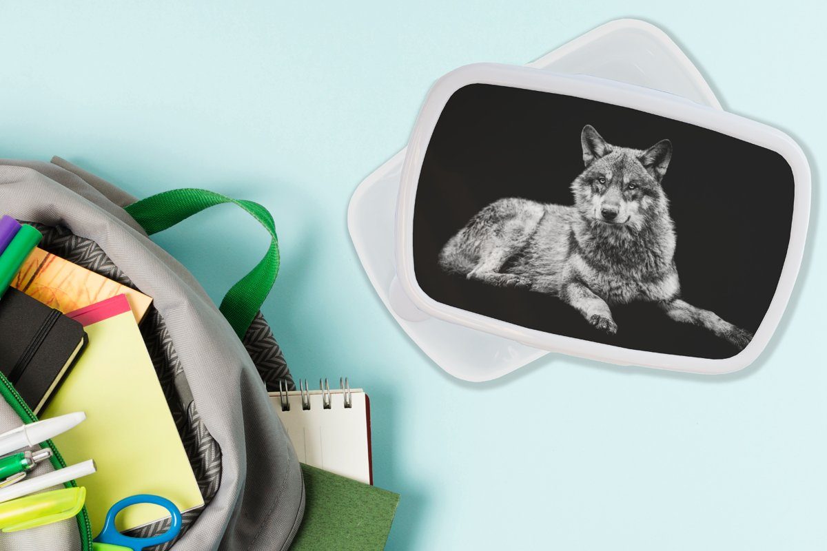 - Wildlife - - und Kunststoff, Mädchen Brotdose, (2-tlg), Lunchbox Wolf und Jungs für Kinder Schwarz Brotbox MuchoWow Erwachsene, Weiß, für