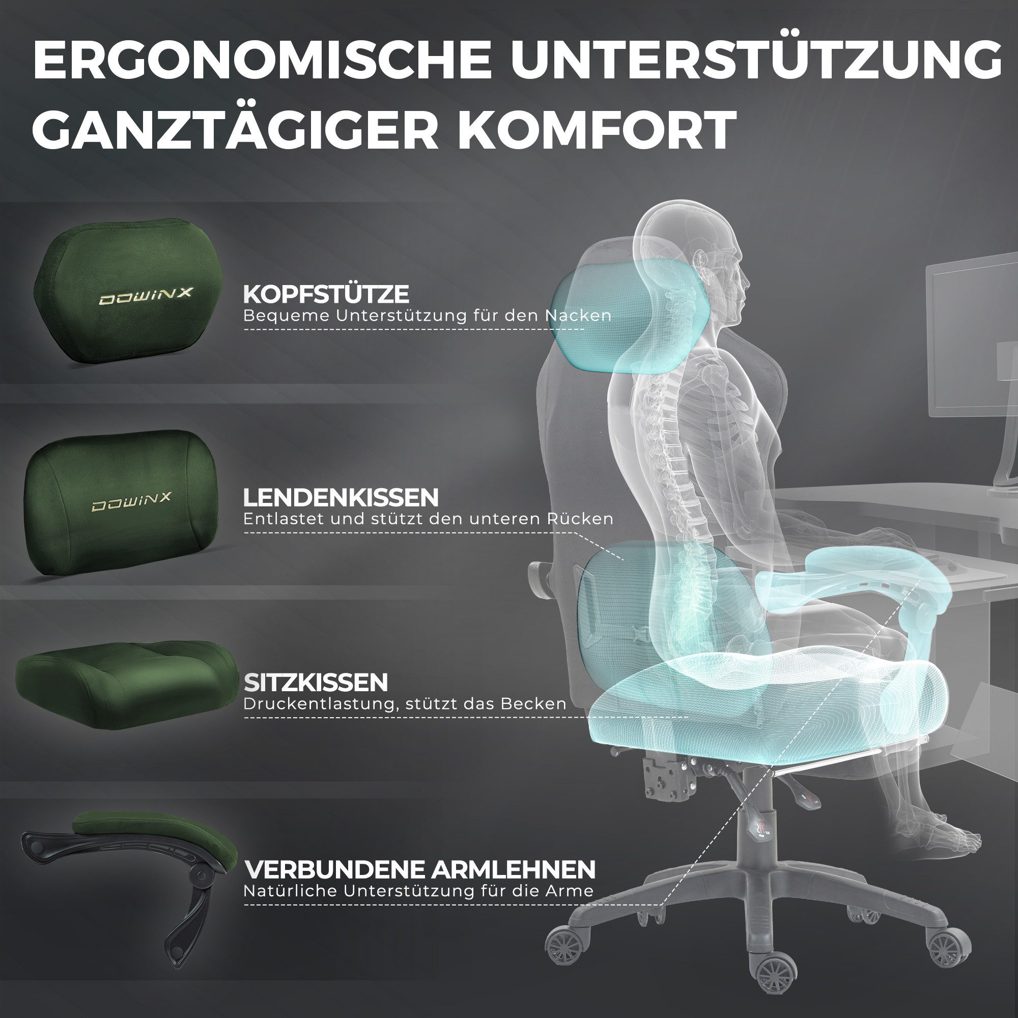 Dowinx Gaming-Stuhl Atmungsaktiver und Ergonomischer Bürostuhl aus Mikrofaser-Velours (Packung), Weiches Sitzgefühl, Verstellbarer Schreibtischstuhl mit Fußstütze