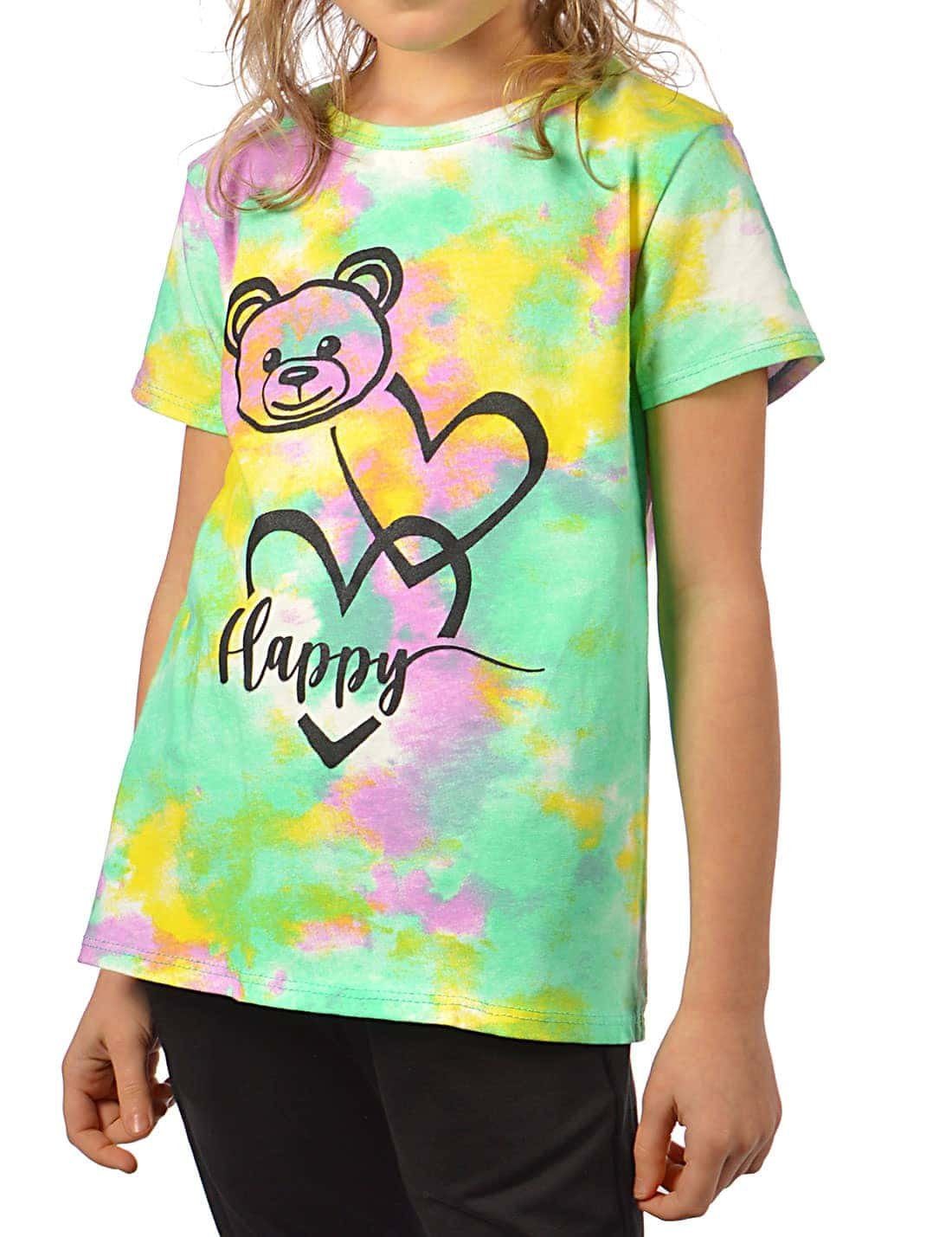 KMISSO T-Shirt Mädchen Grün T-Shirt Batikdruck mit (1-tlg) Bärchengesicht Print
