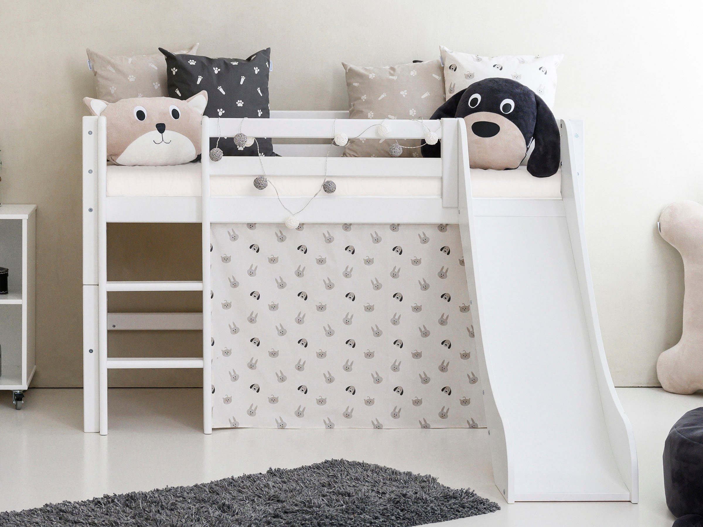 Hoppekids Hochbett «Pets Natur» Rutsche & Vorhang Grau und viel Auswahl