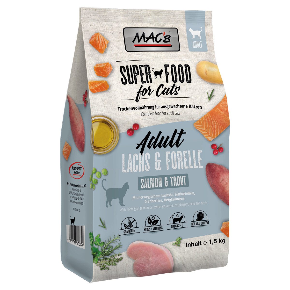 MAC'S Adult Lachs & Forelle 1,5 kg, Trockenfutter für: Katze