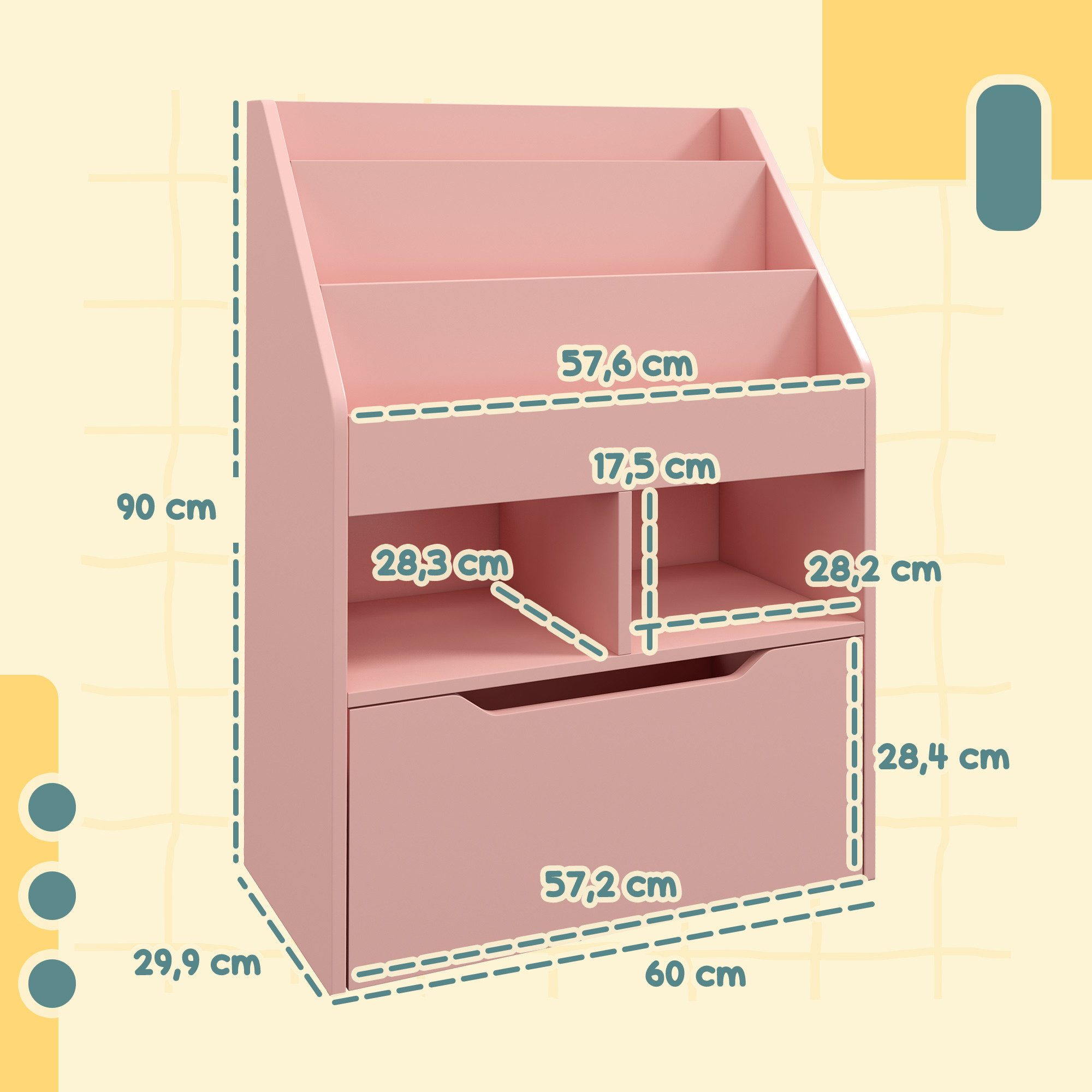 HOMCOM Kinderregal Kinder Bücherregal mit Schublade, 3 Ablagefächern, Aufbewahrungsregal 1-tlg., für Kinderzimmer, Spielzimmer, Rosa, 60 x 29,9 x 90 cm