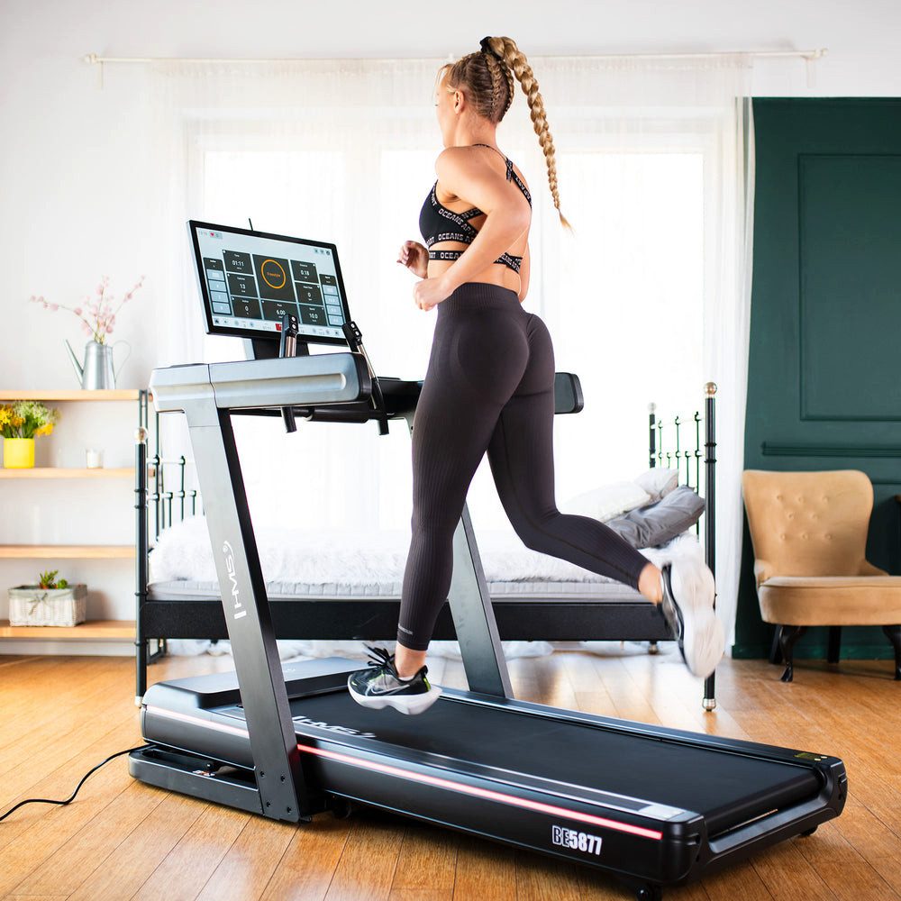 HMS Laufband BE5877 Elektrisches Laufband Fitnessgerät (Spar-Set, 15 Steigungsstufen), Android-System mit WLAN und Apps wie YouTube, Netflix und Spotify
