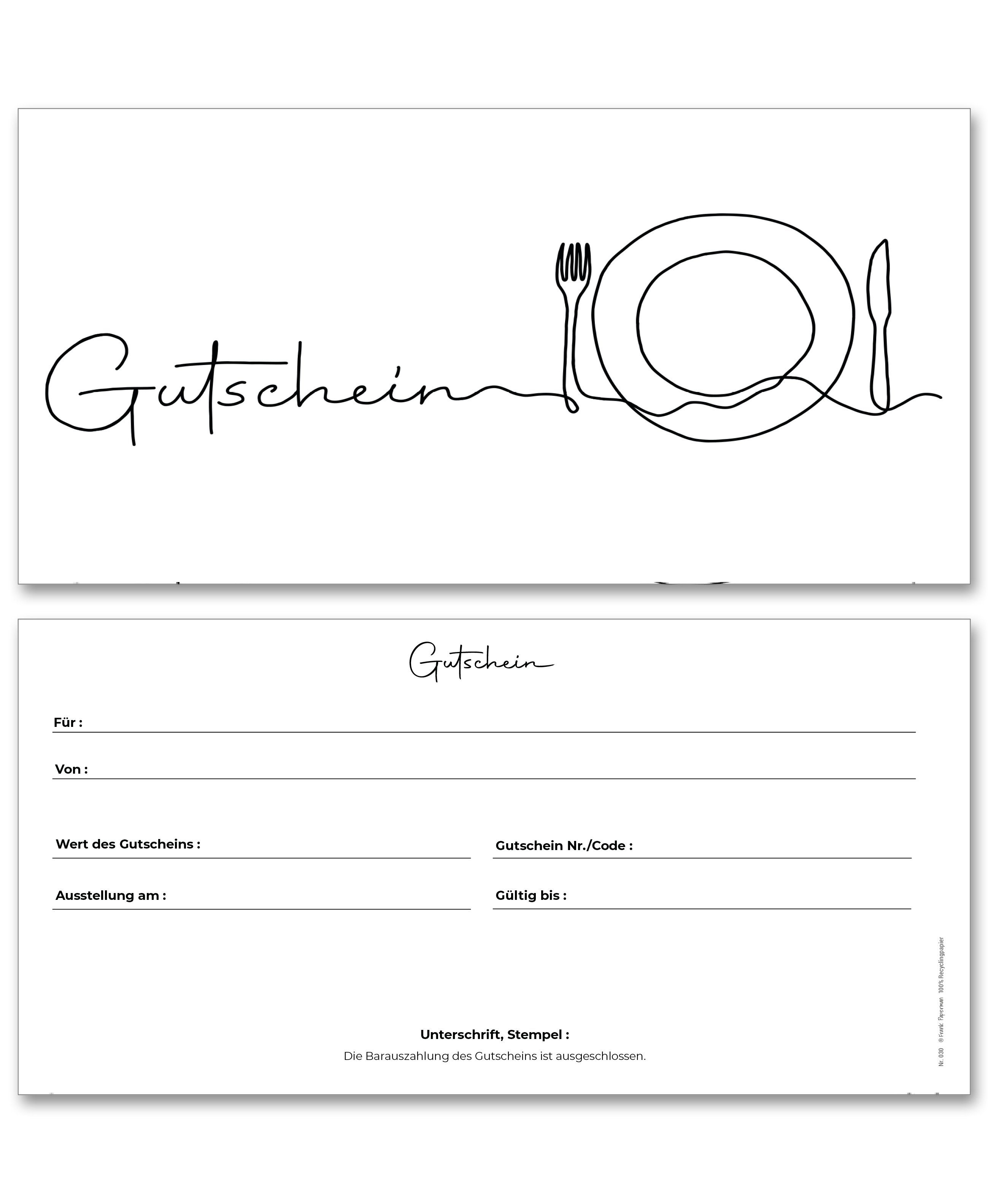 Frank Paperman Geschenkkarte, Gutschein, Gastronomie, Gutschein Restaurant als Geschenkkarten, 100 % Recyclingpapier