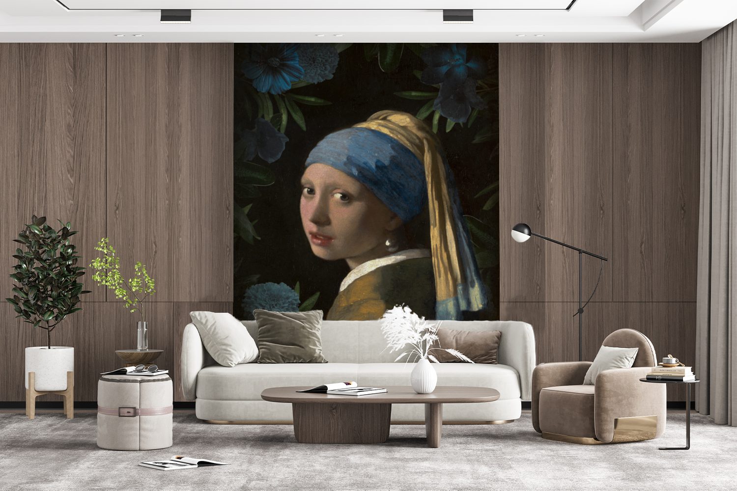 Wohnzimmer, bedruckt, Blumen - Fototapete Tapete Vermeer MuchoWow für mit Montagefertig Matt, Blau, Wandtapete Mädchen - Perlenohrring (4 St), - Vinyl