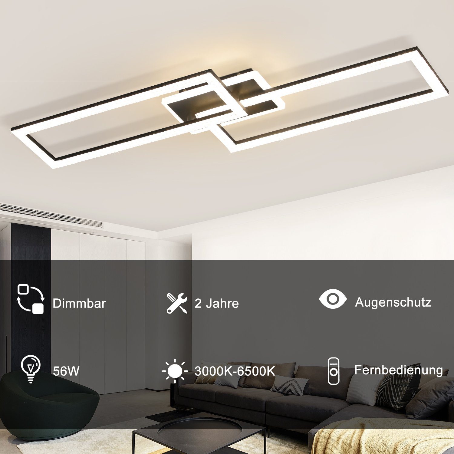 Nettlife LED Deckenleuchte LED Deckenleuchte Schwarz 56W aus Metall Kristall, LED fest integriert, Warmweiß Neutralweiß Kaltweiß, Schlafzimmer küche – Bild 2 von 5