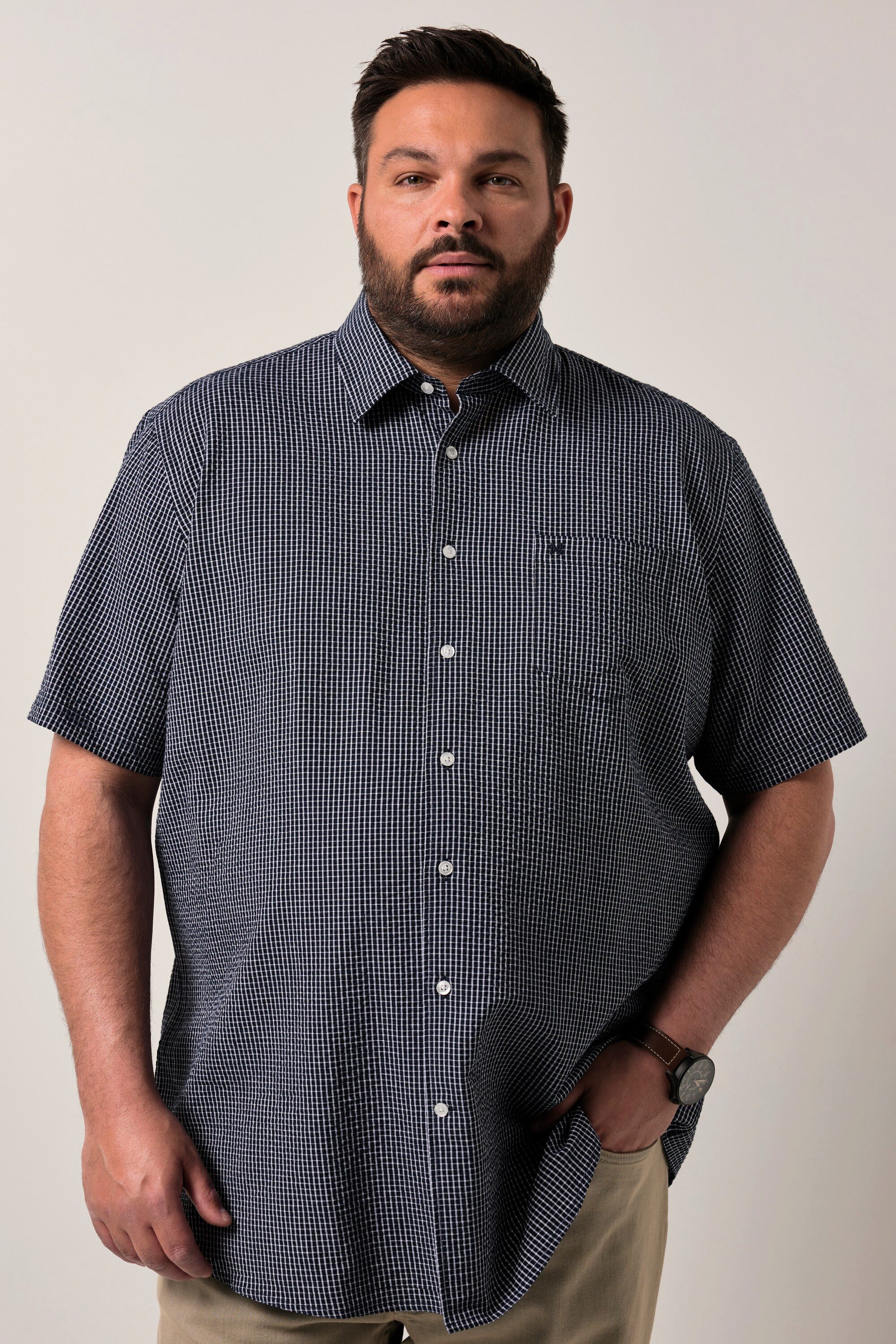 Men Plus Kurzarmhemd Men+ Karohemd Halbarm Kentkragen Seersucker günstig online kaufen