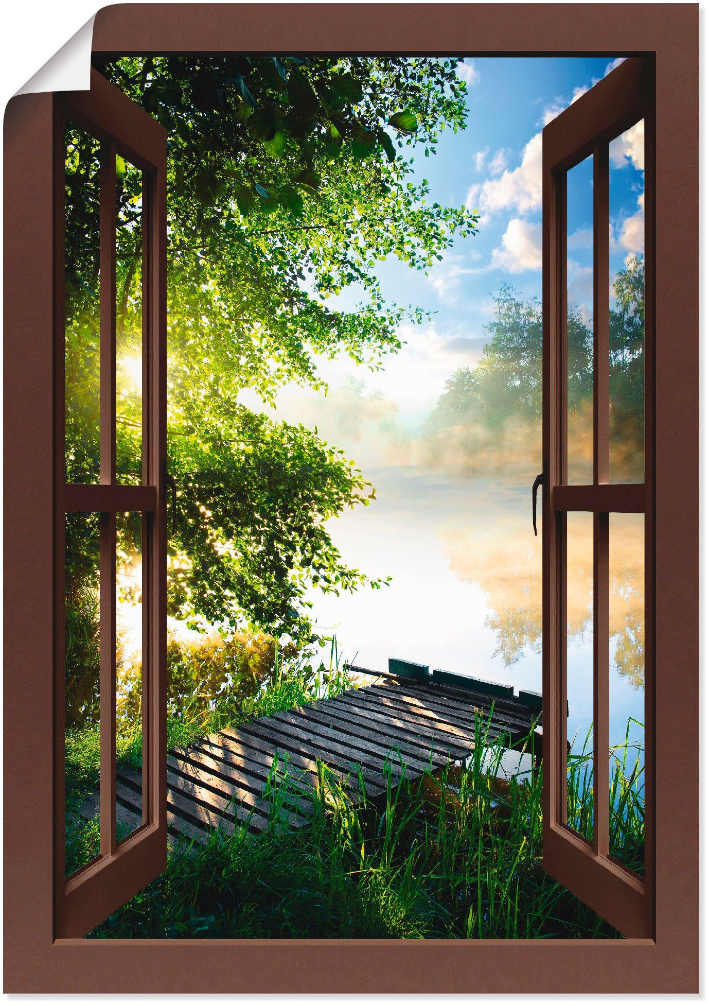 Artland Wandbild Fensterblick Angelsteg am Fluss, Fensterblick (1 St), als Alubild, Outdoorbild, Leinwandbild, Poster, Wandaufkleber